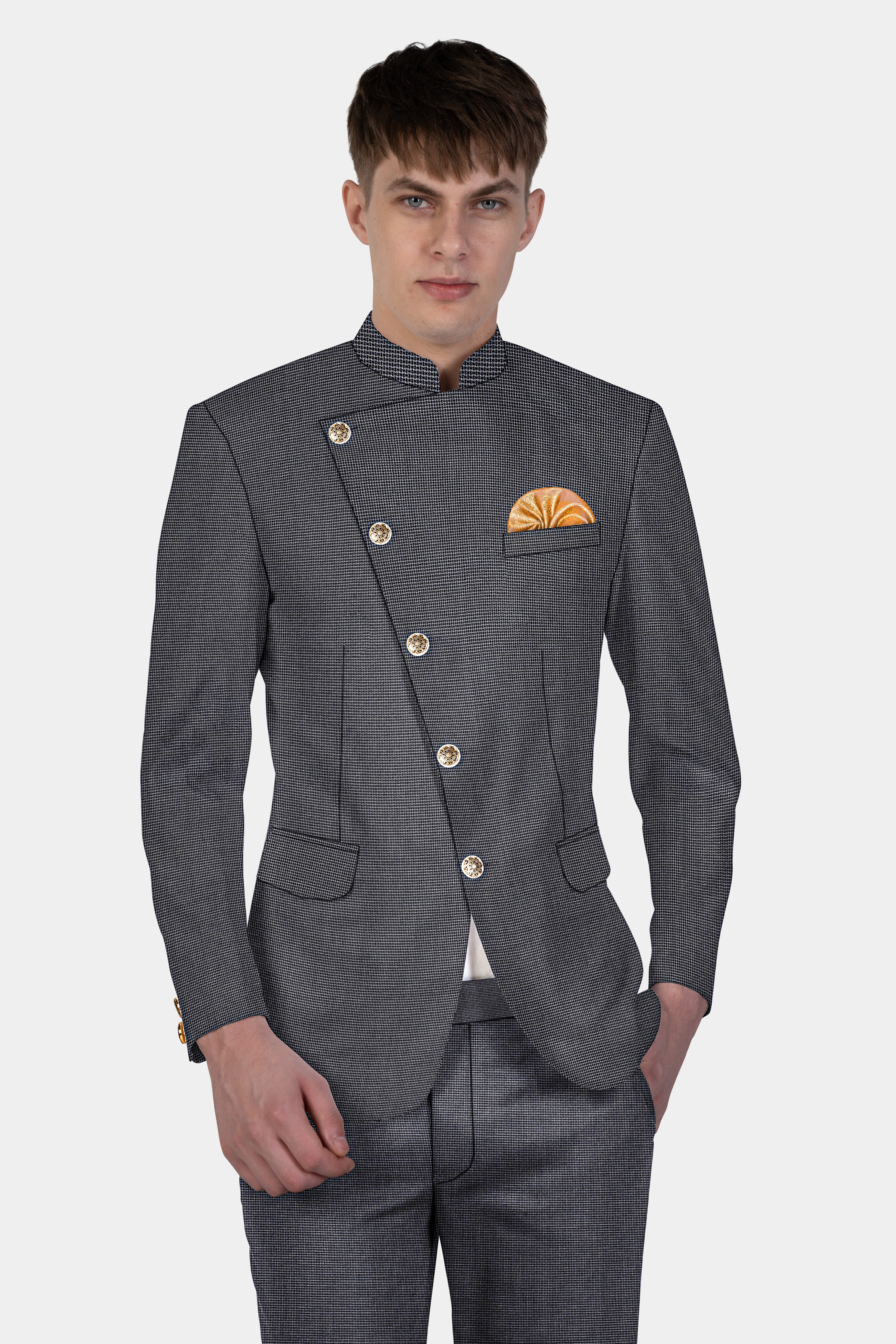 Shaft Gray Textured Wool Blend Cross Placket Bandhgala Blazer