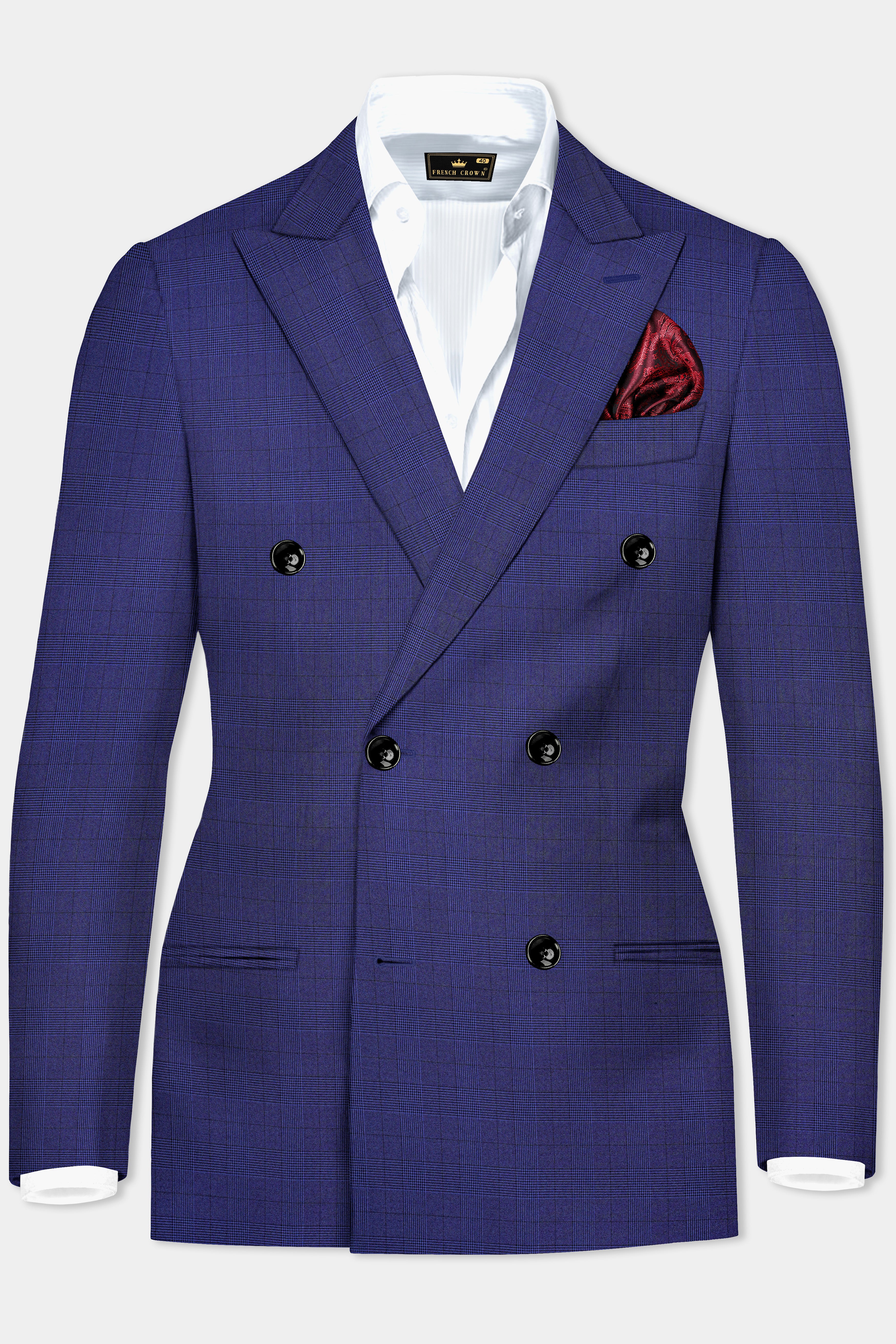 Martinique Blue Plaid Wool Blend Double Breasted Blazer