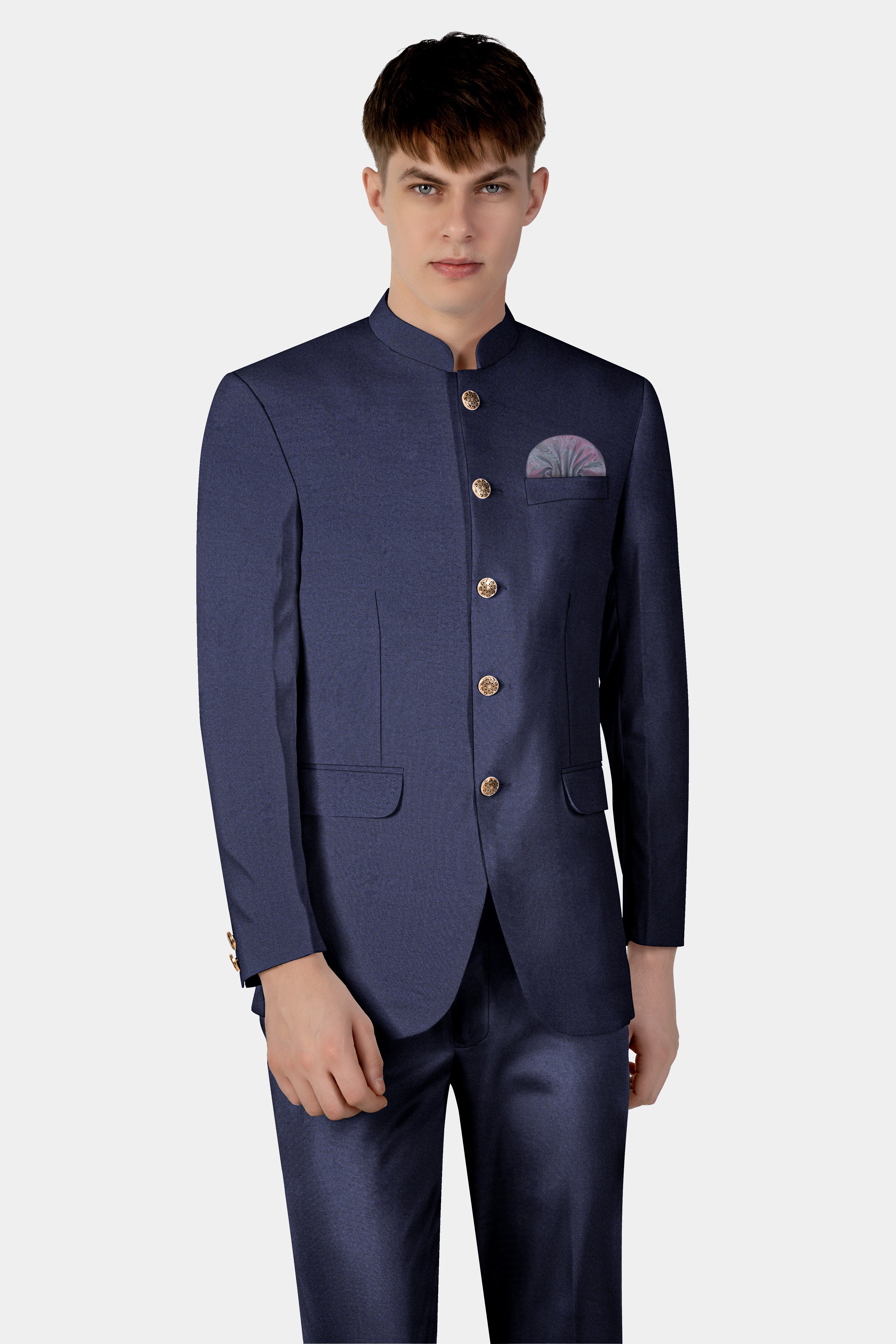 Thunder Blue Solid Wool Blend Bandhgala Blazer