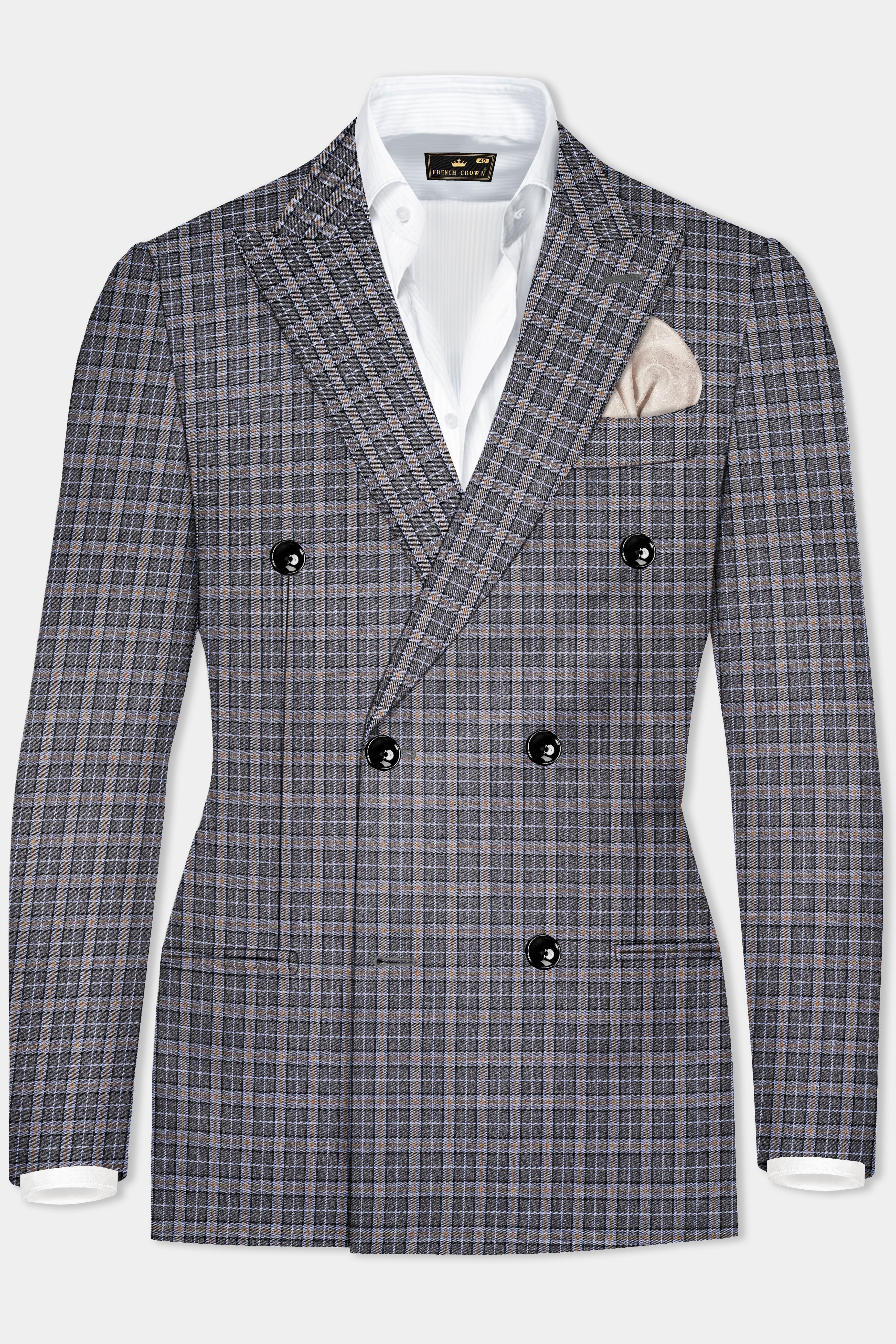 Smokey Gray Plaid Wool Blend Double Breasted Blazer