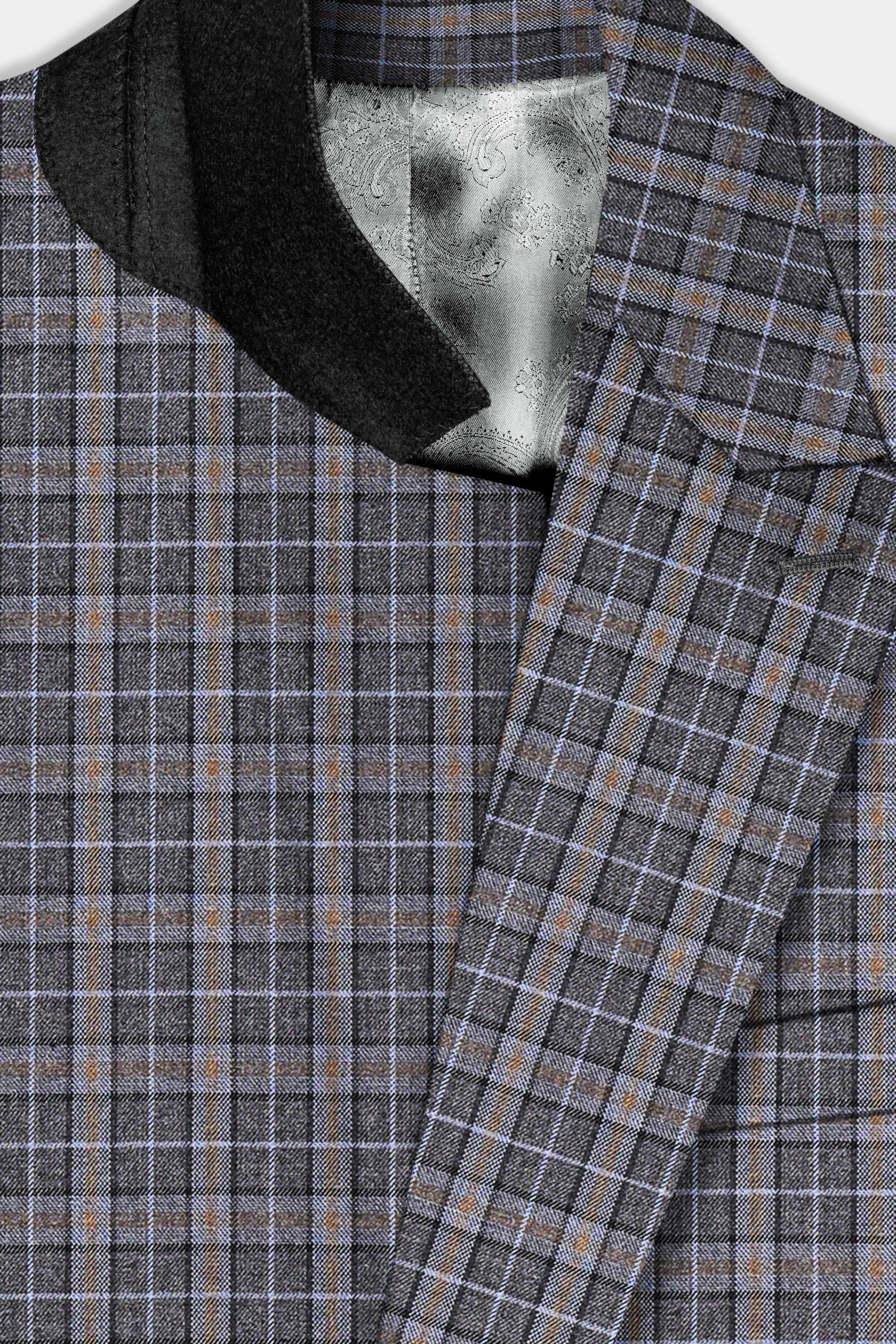 Smokey Gray Plaid Wool Blend Double Breasted Blazer