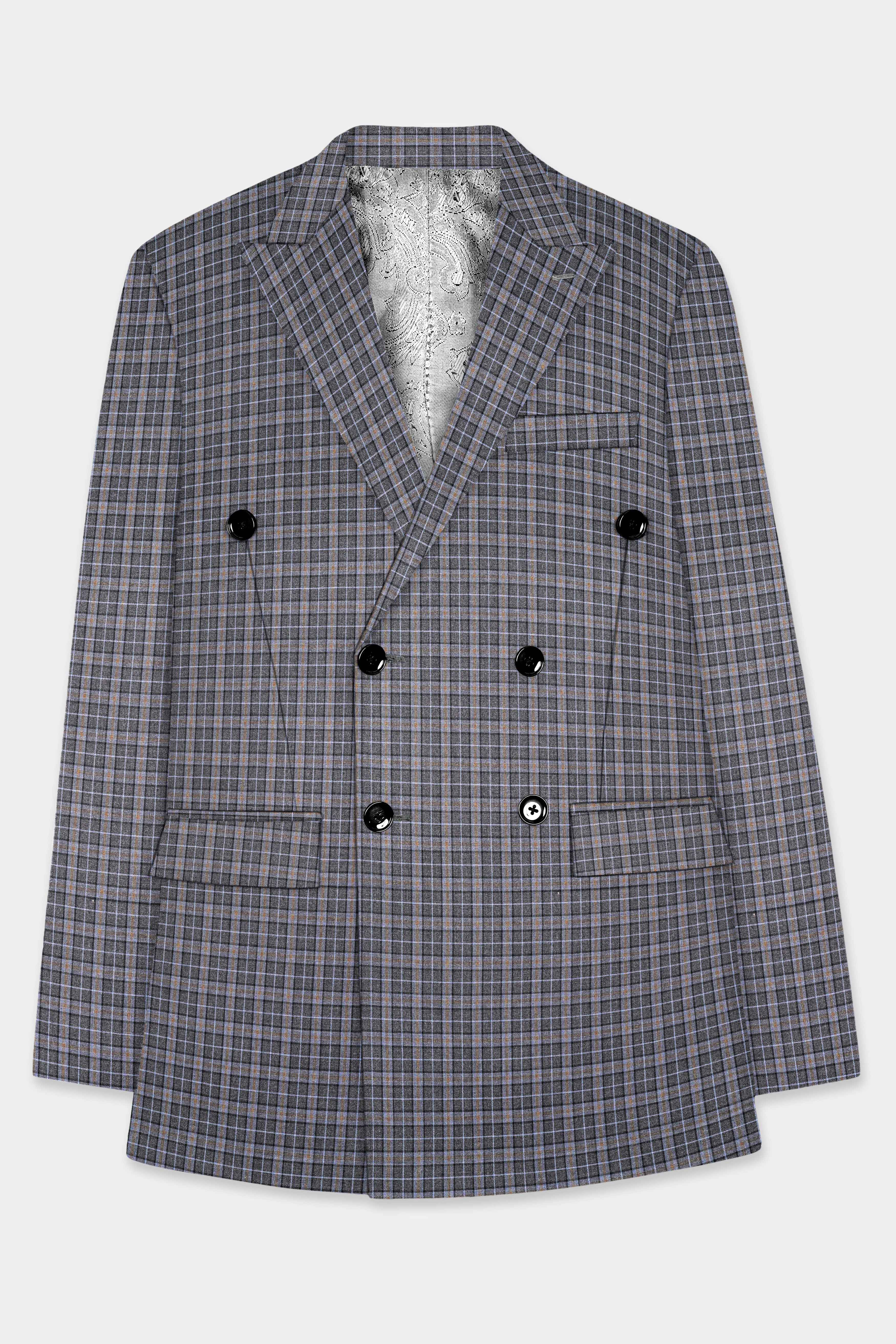 Smokey Gray Plaid Wool Blend Double Breasted Blazer