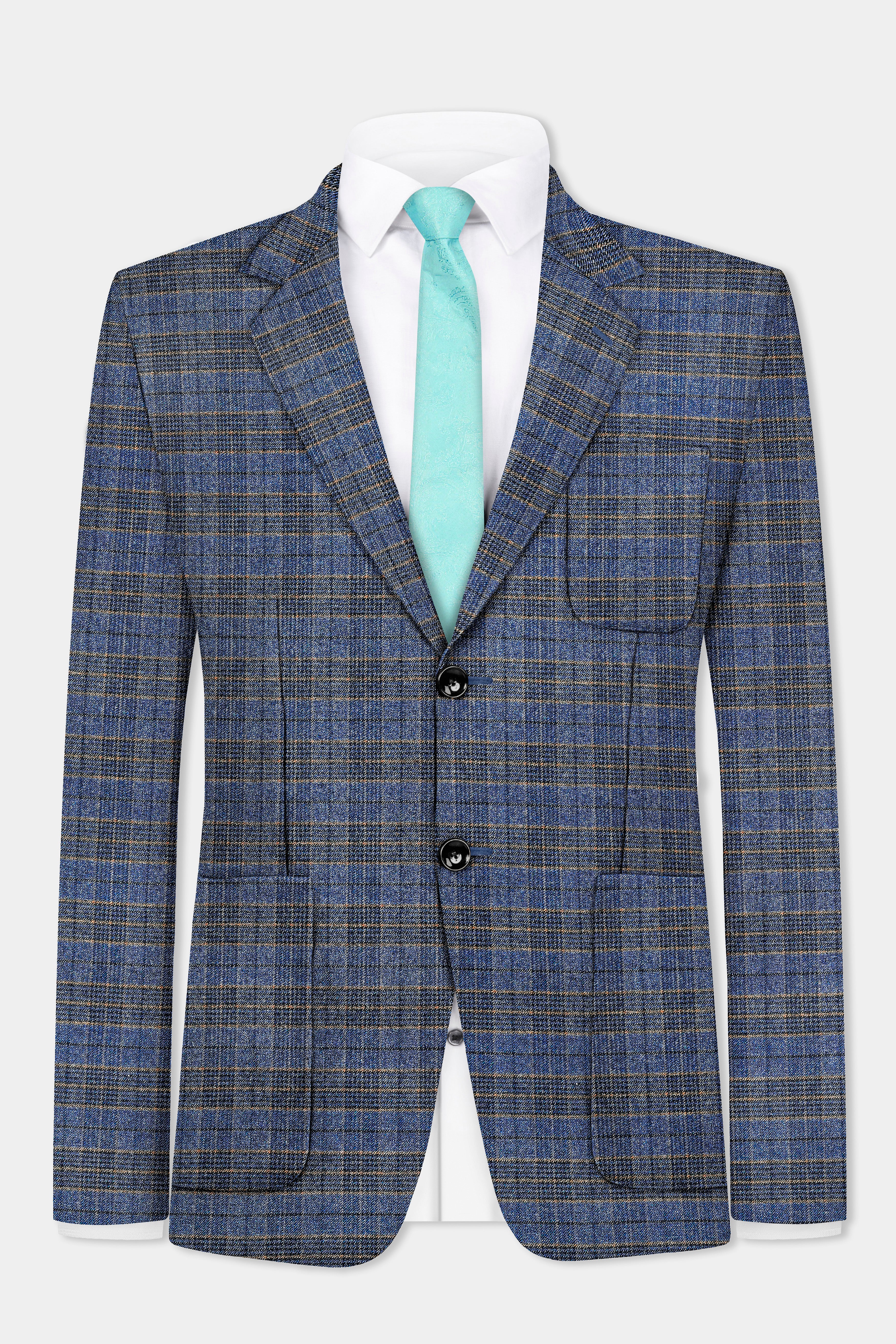 Dianne Blue Plaid Wool Blend Single Breasted Designer Blazer