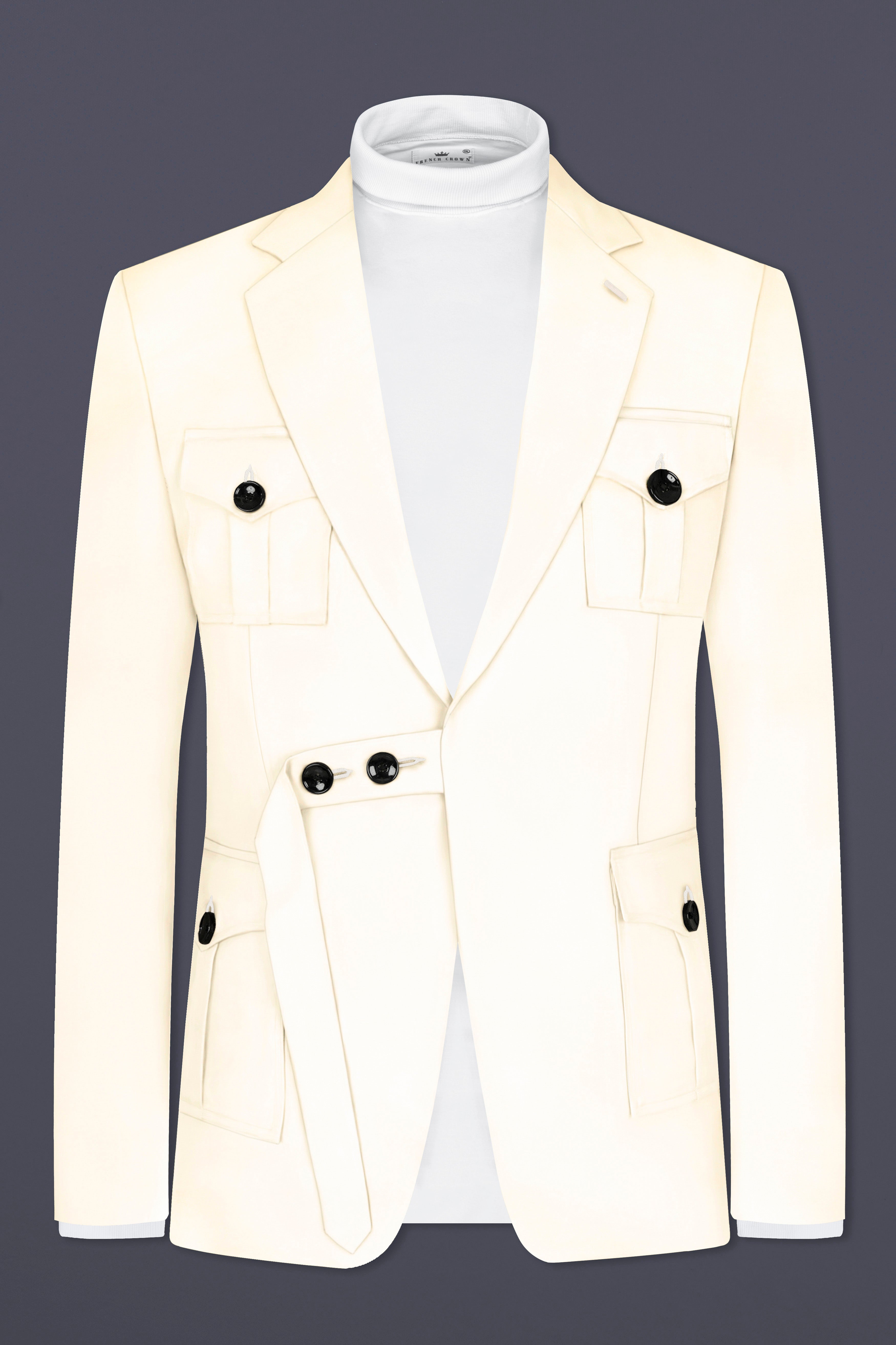 Swizzle Cream Solid Cotton Belt Closure Designer Blazer