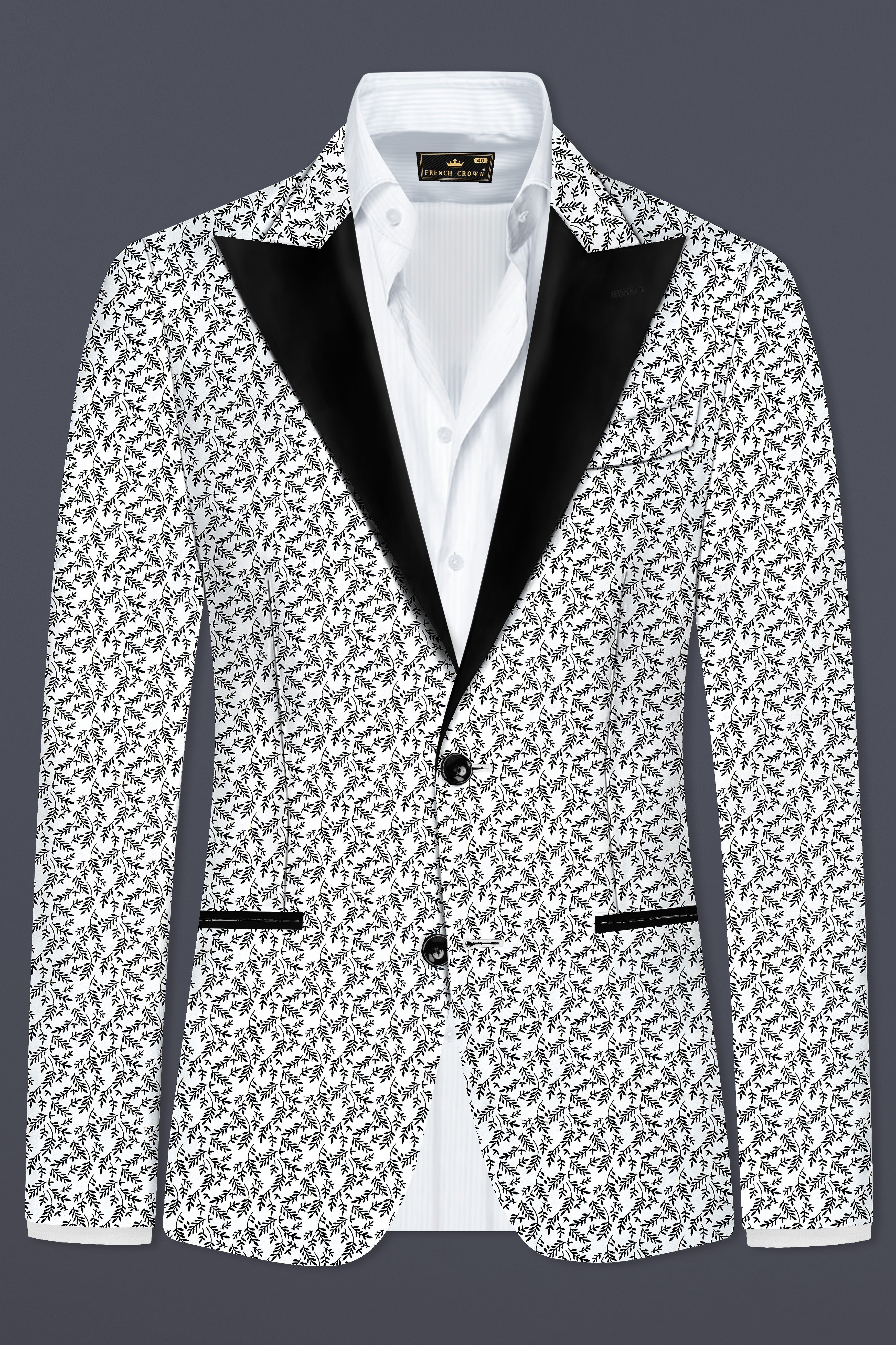 Bright White And Jade Black Printed Cotton Peak Lapel Tuxedo Blazer