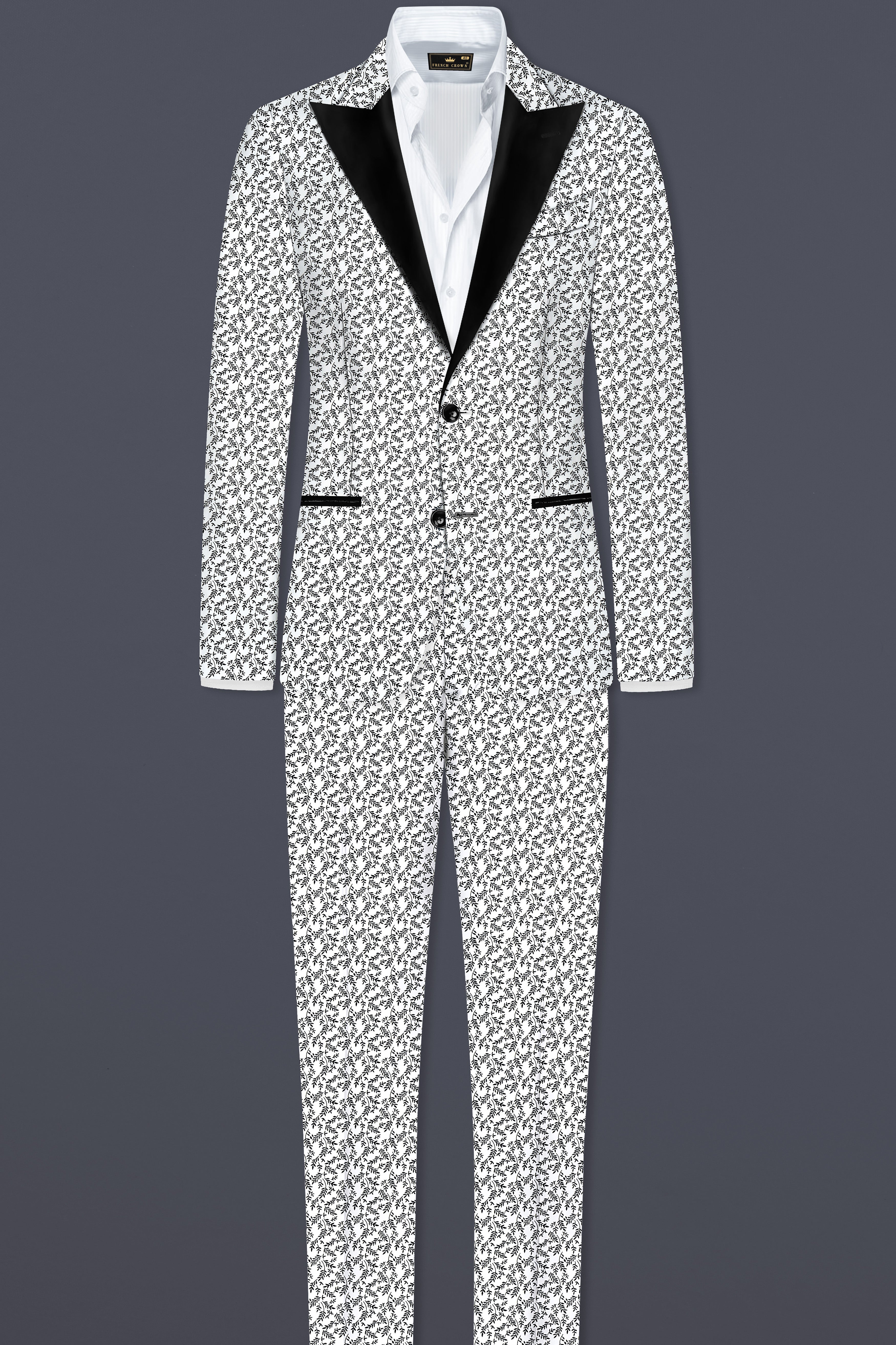 Bright White And Jade Black Printed Cotton Peak Collar Tuxedo Blazer