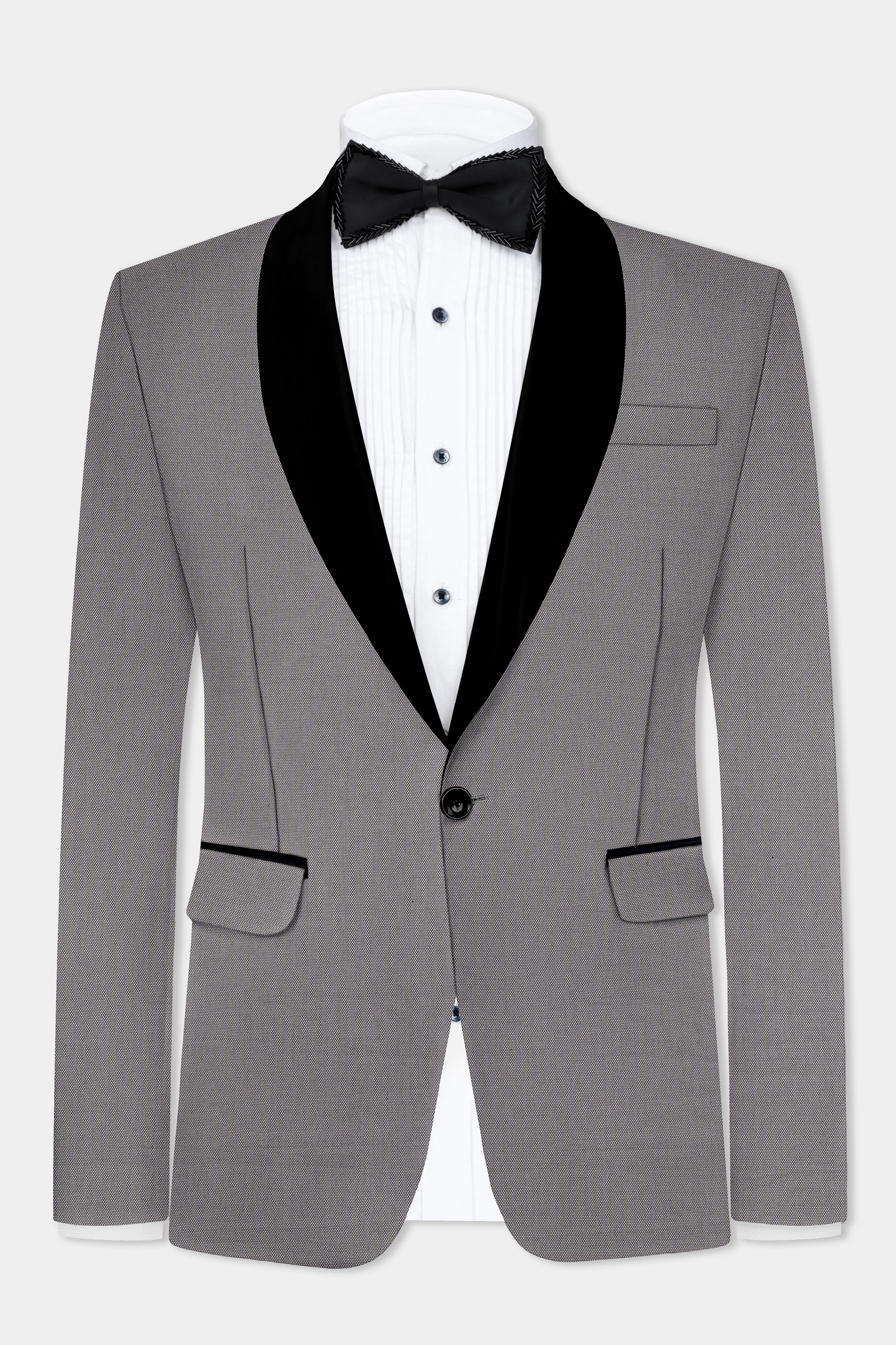 Vampire Gray Textured Wool Blend Peak Collar Tuxedo Blazer