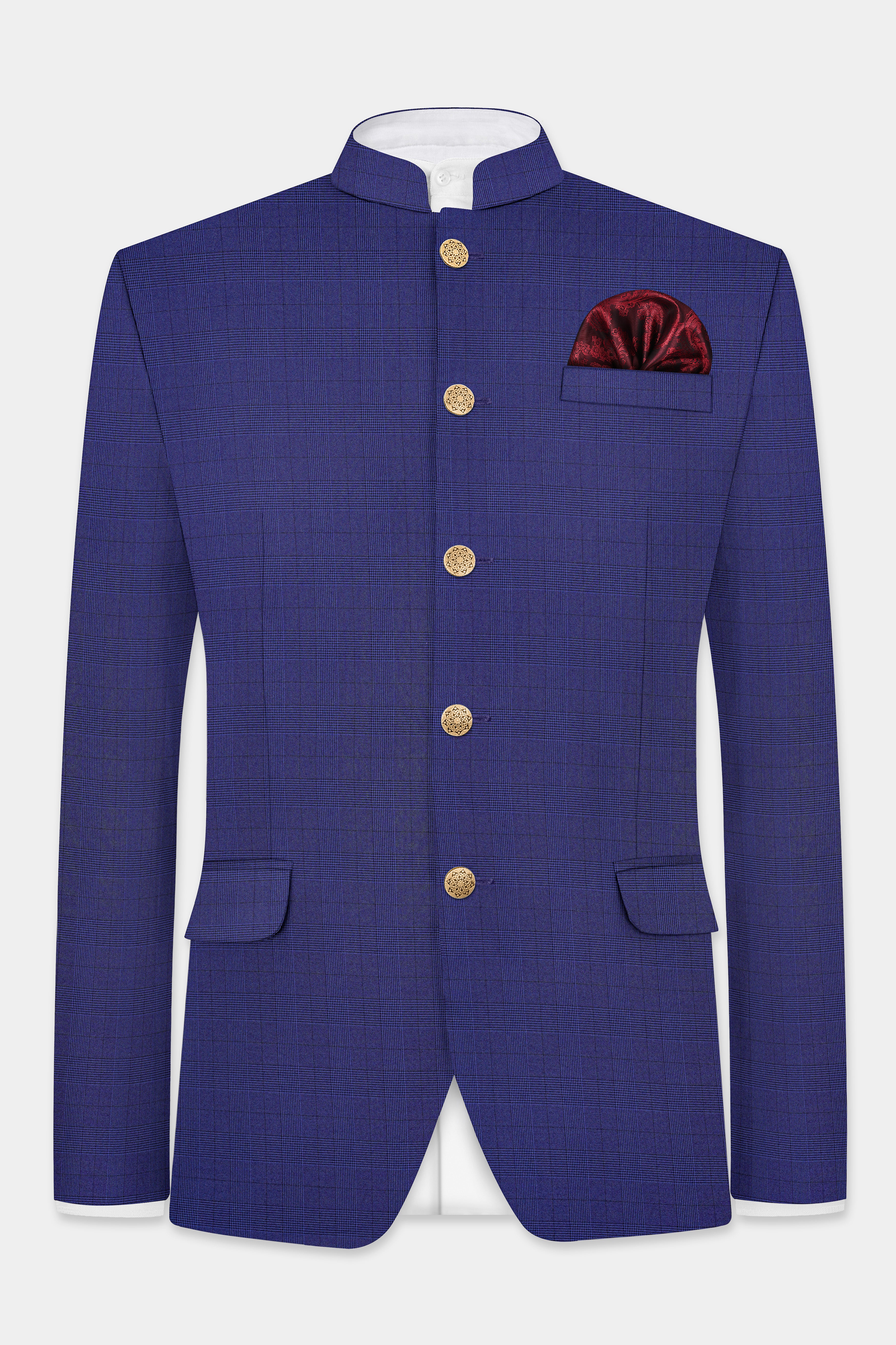 Martinique Blue Plaid Wool Blend Bandhgala Blazer