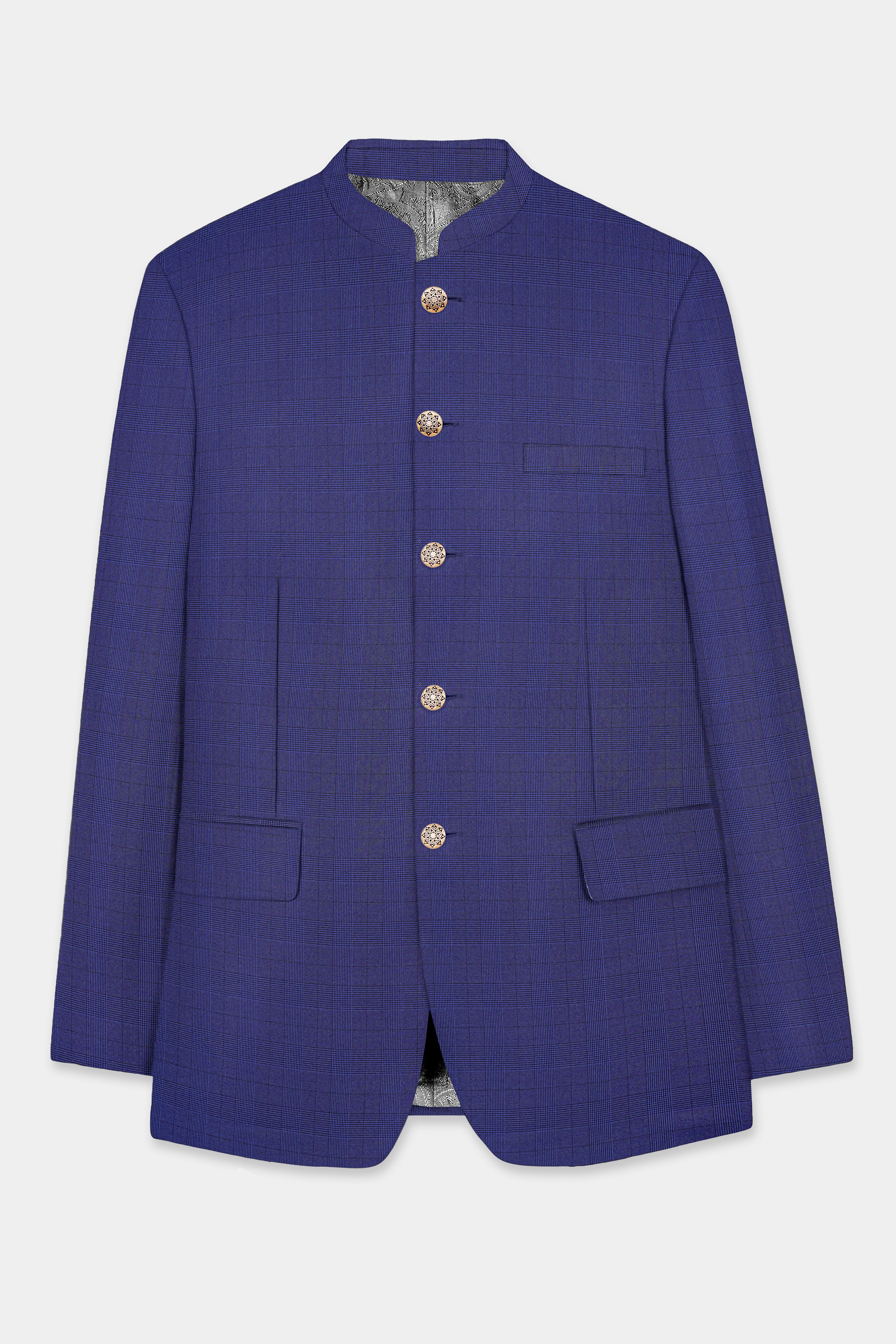 Martinique Blue Plaid Wool Blend Bandhgala Blazer