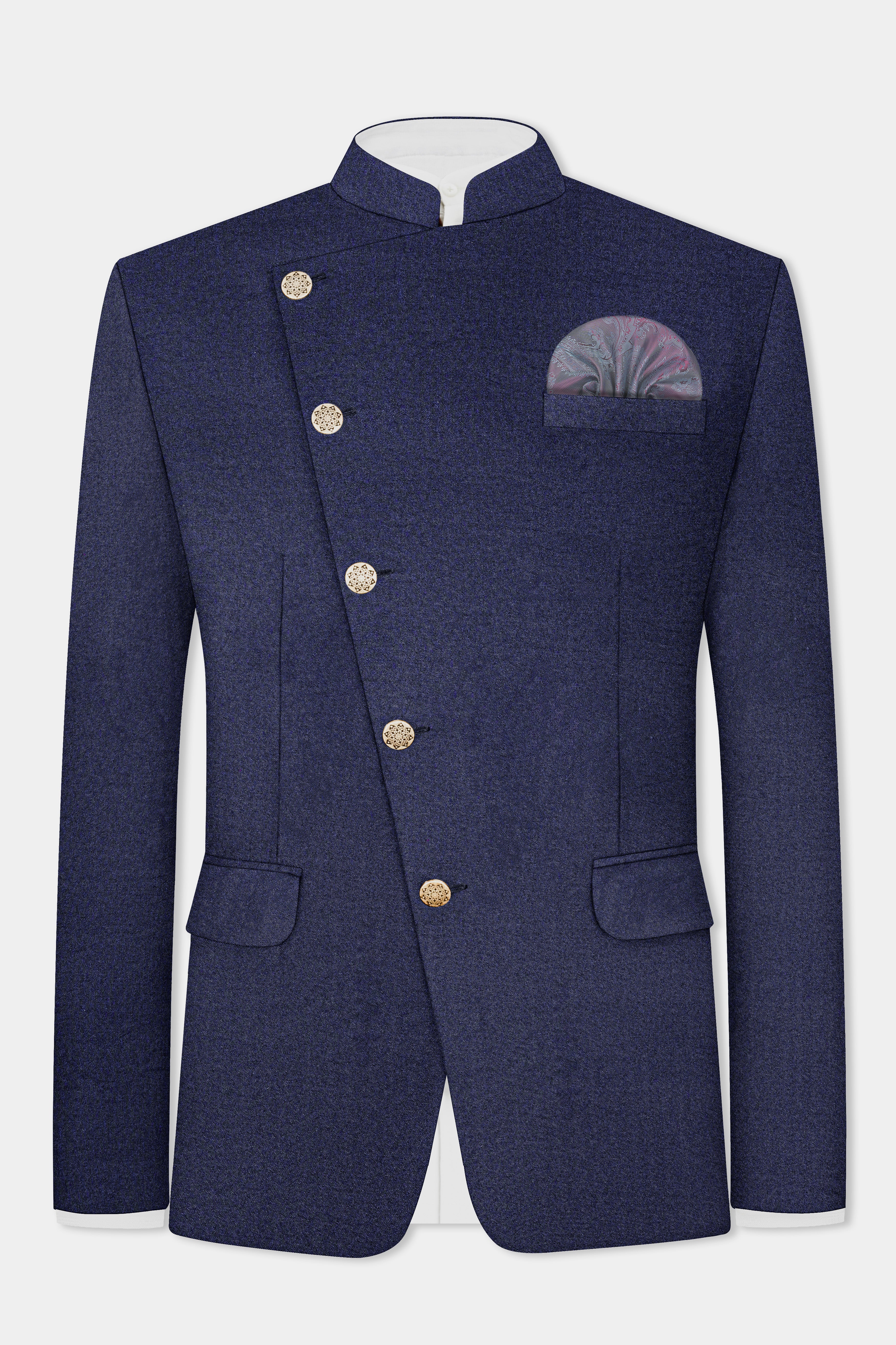 Thunder Blue Solid Wool Blend Cross Placket Bandhgala Blazer