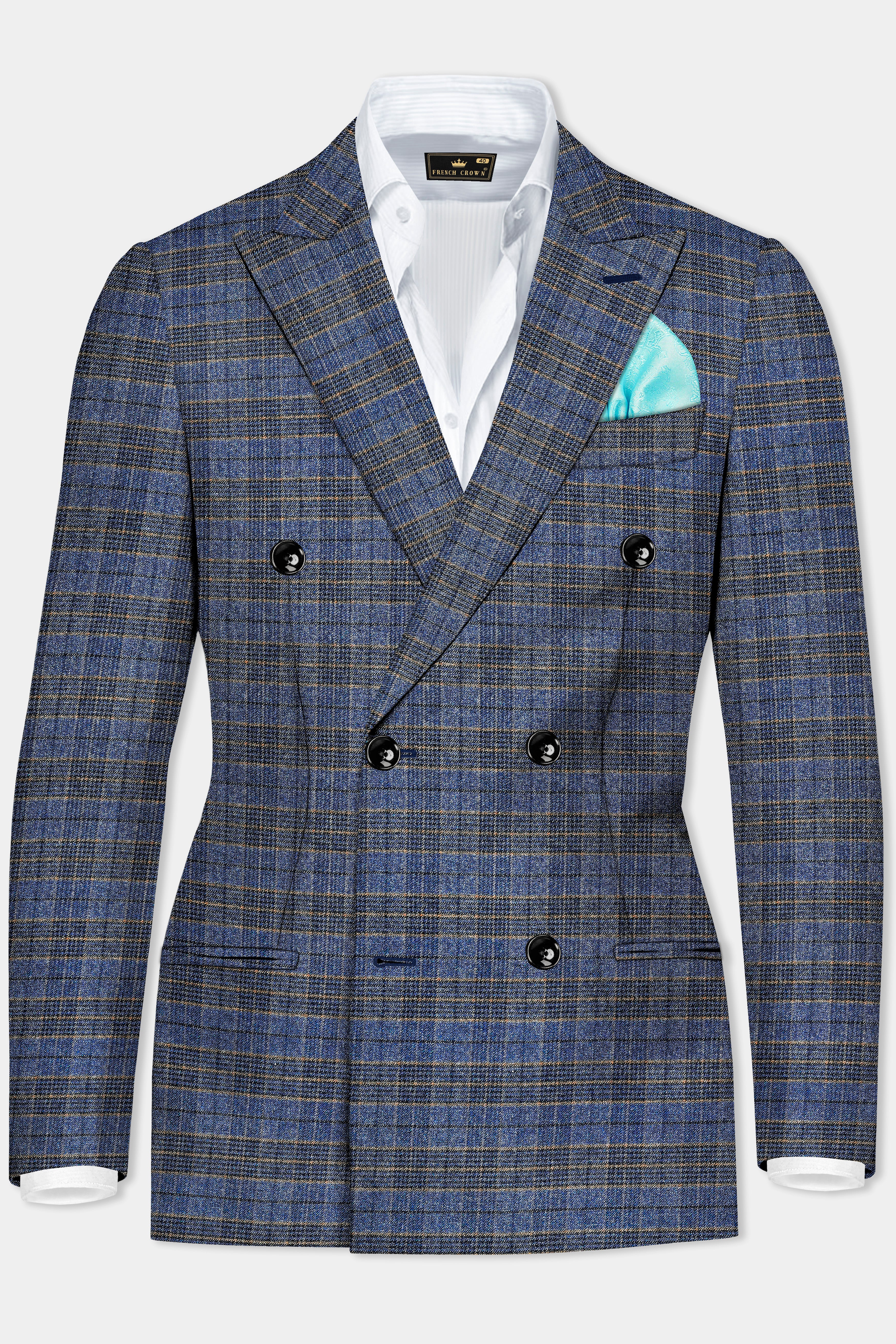 Dianne Blue Plaid Wool Blend Double Breasted Blazer