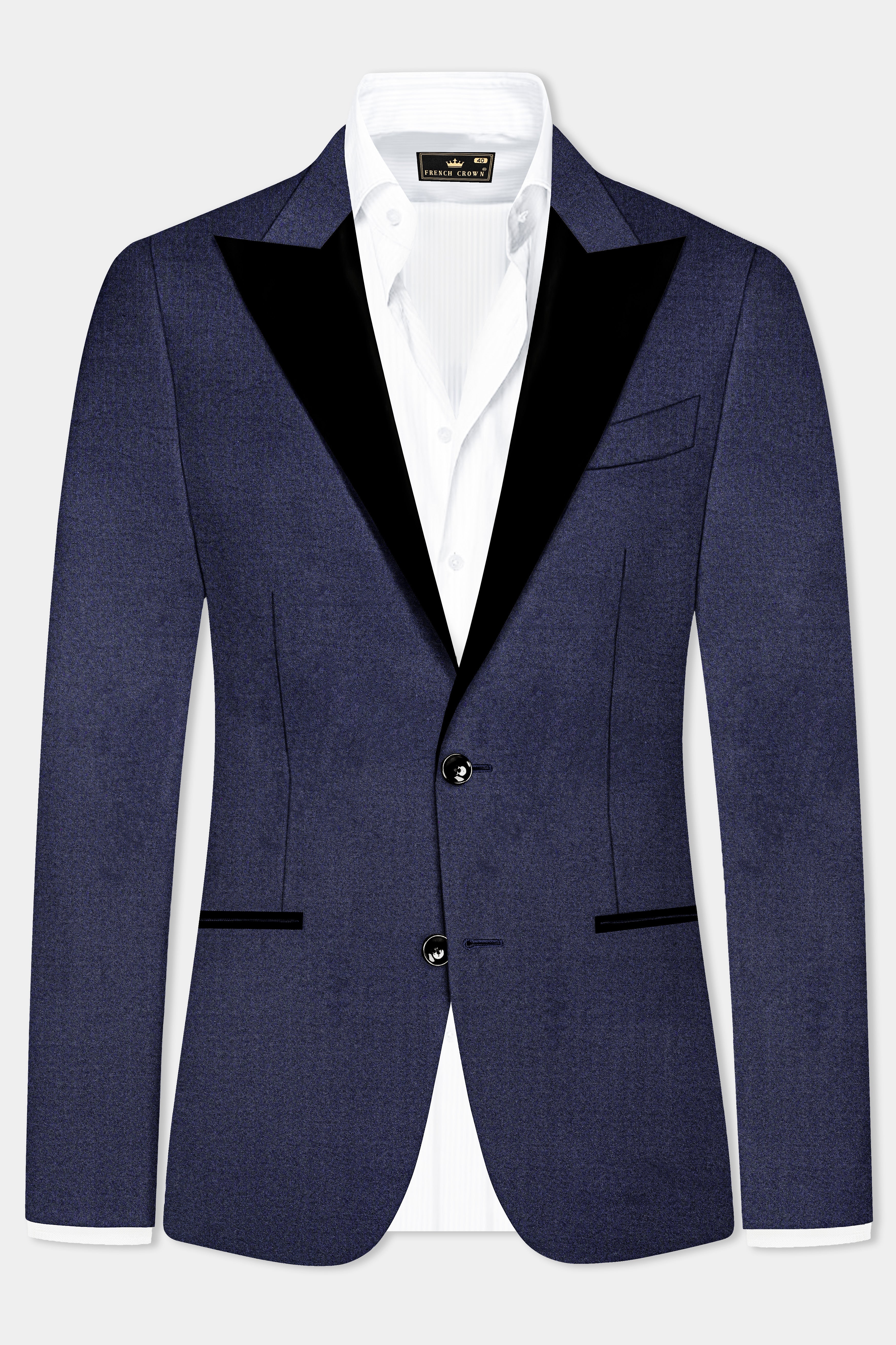 Thunder Blue Solid Wool Blend Peak Collar Tuxedo Blazer