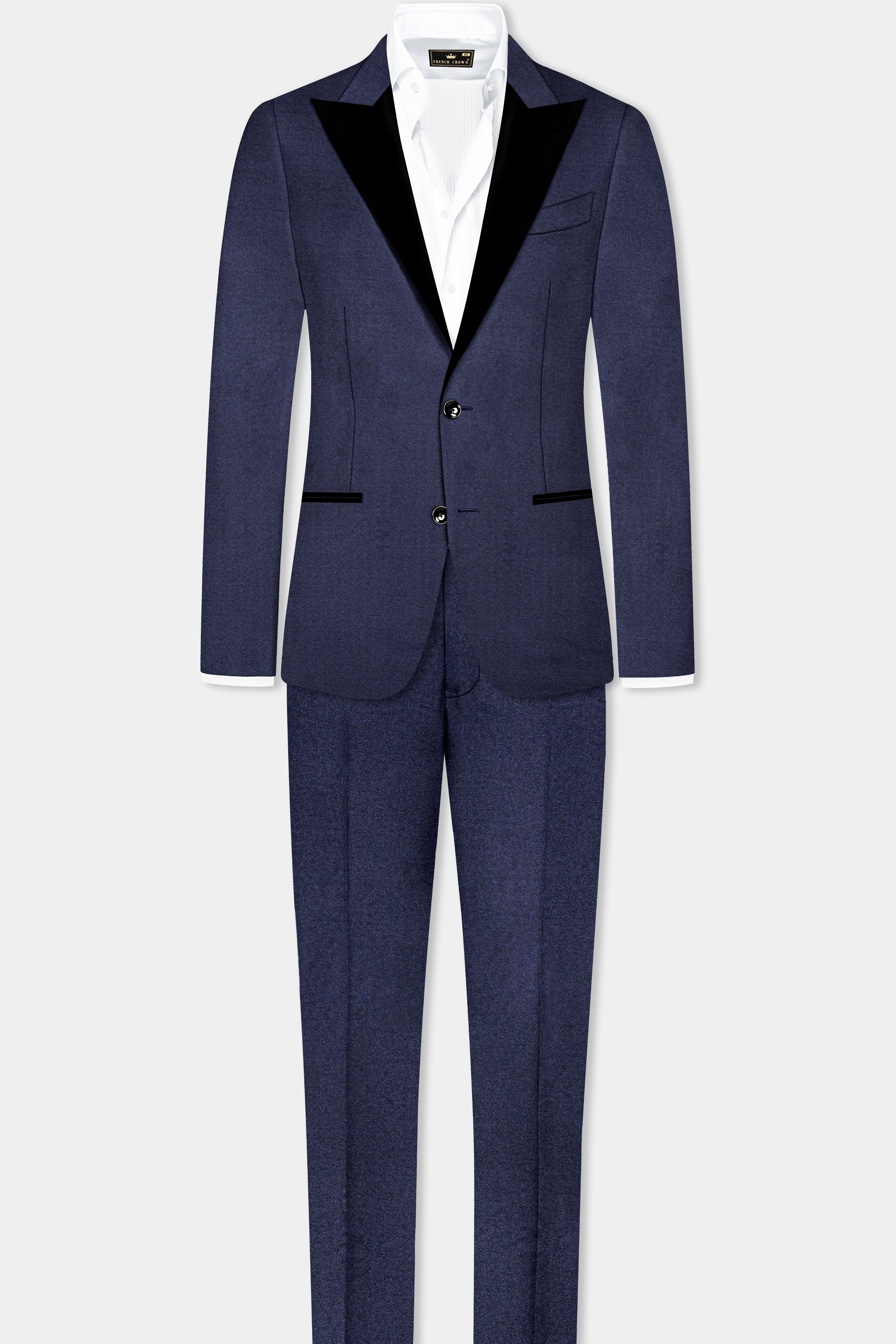 Thunder Blue Solid Wool Blend Peak Collar Tuxedo Blazer