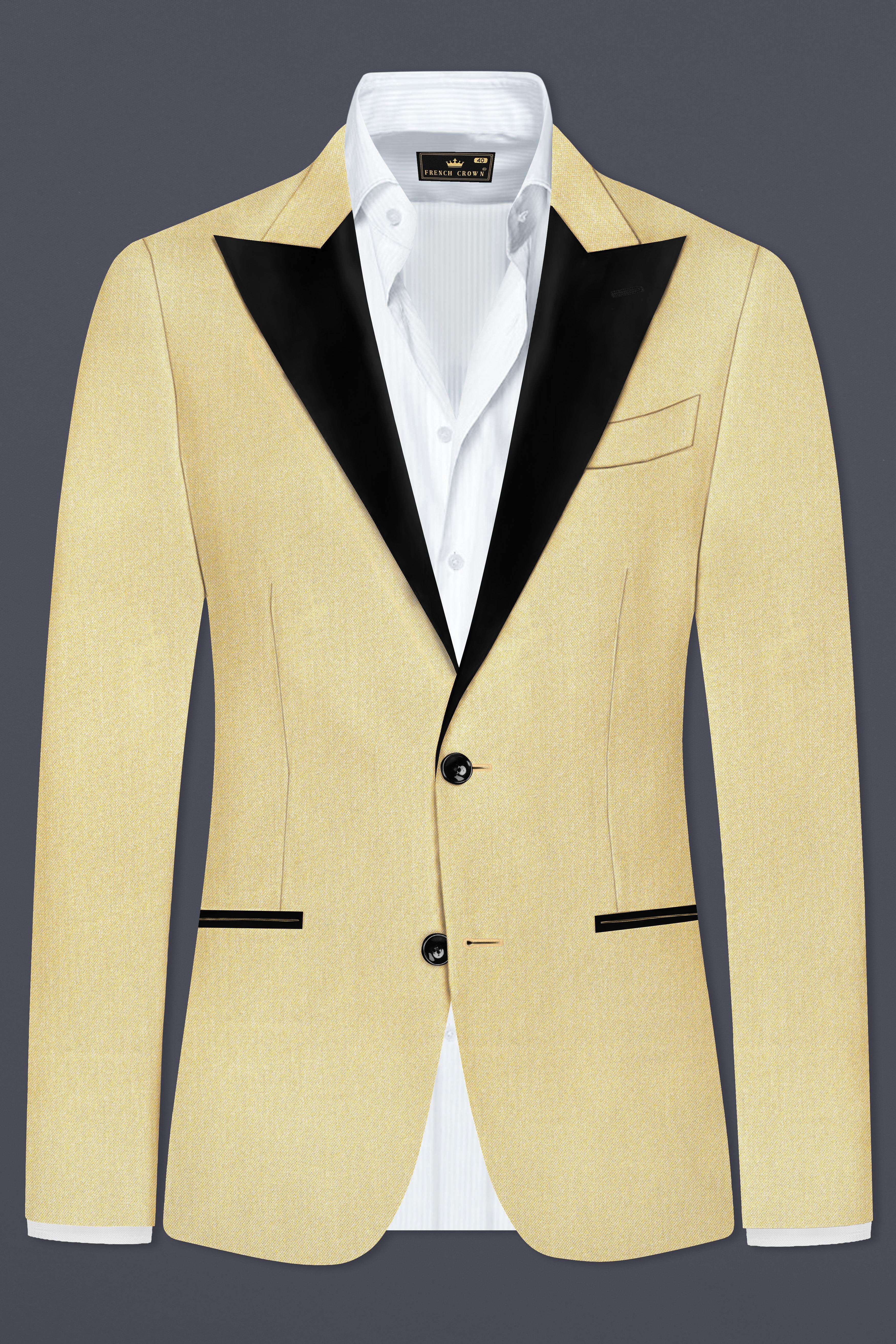 Marzipan Cream Textured Wool Blend Peak Collar Tuxedo Blazer