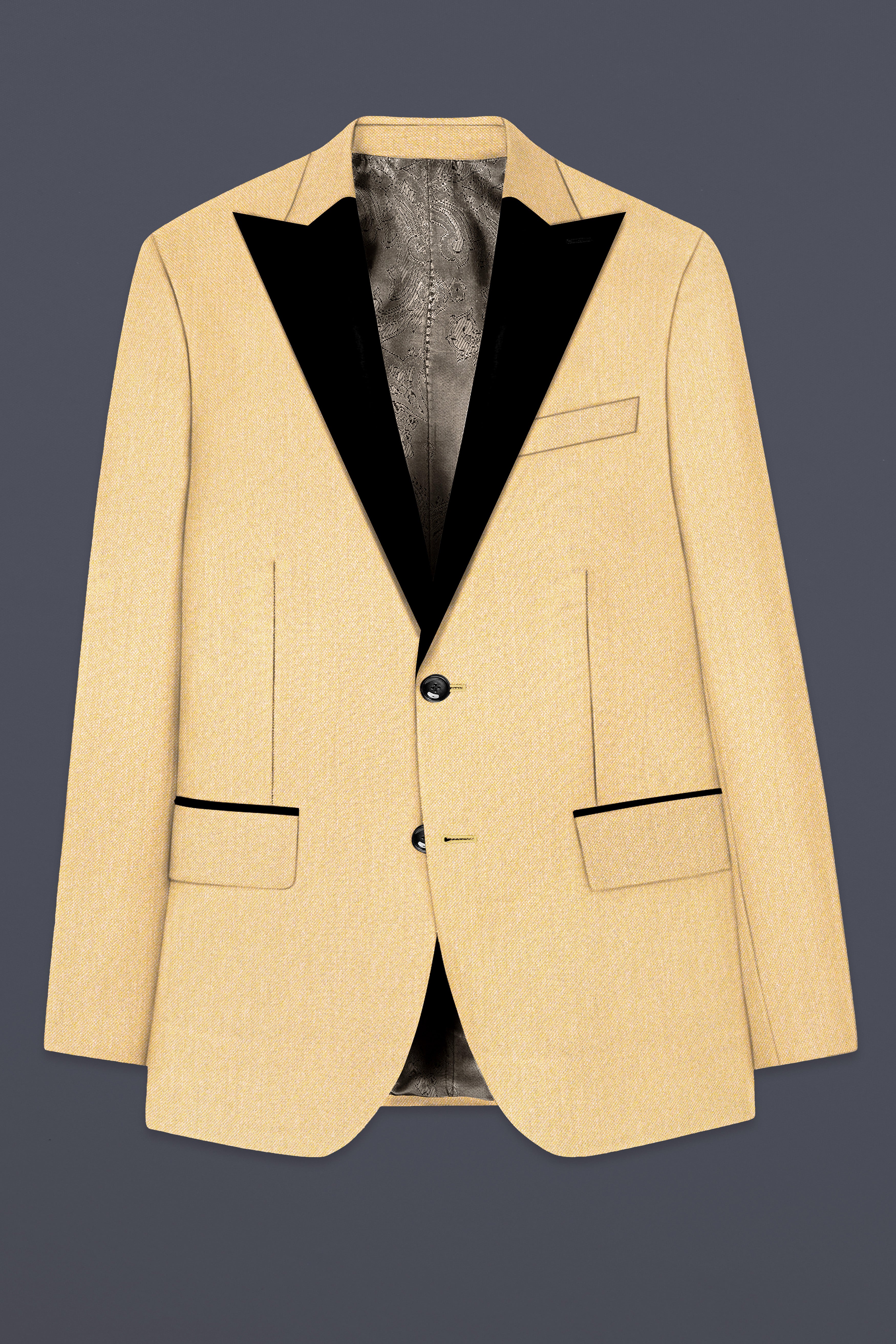 Marzipan Cream Textured Wool Blend Peak Collar Tuxedo Blazer