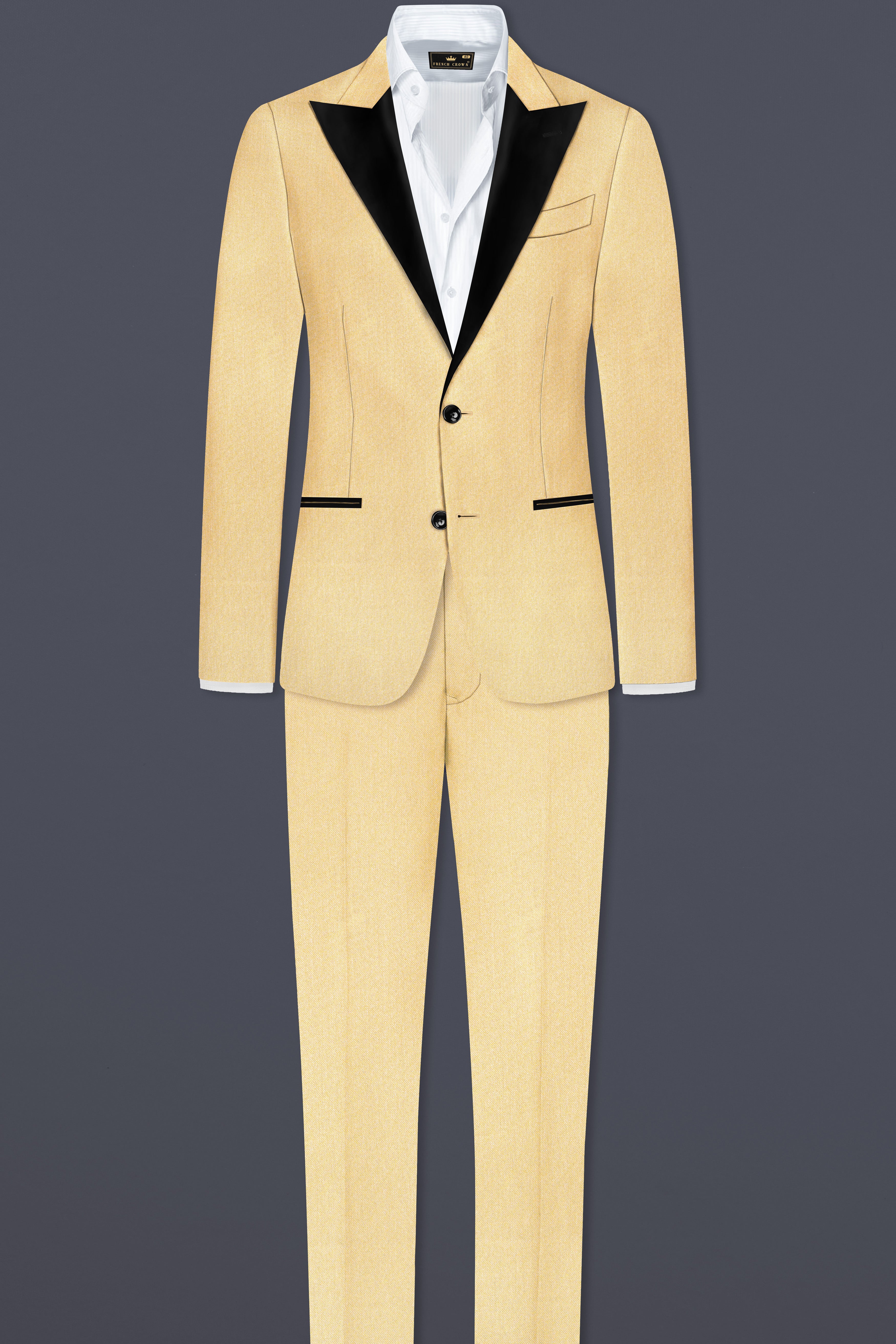 Marzipan Cream Textured Wool Blend Peak Collar Tuxedo Blazer