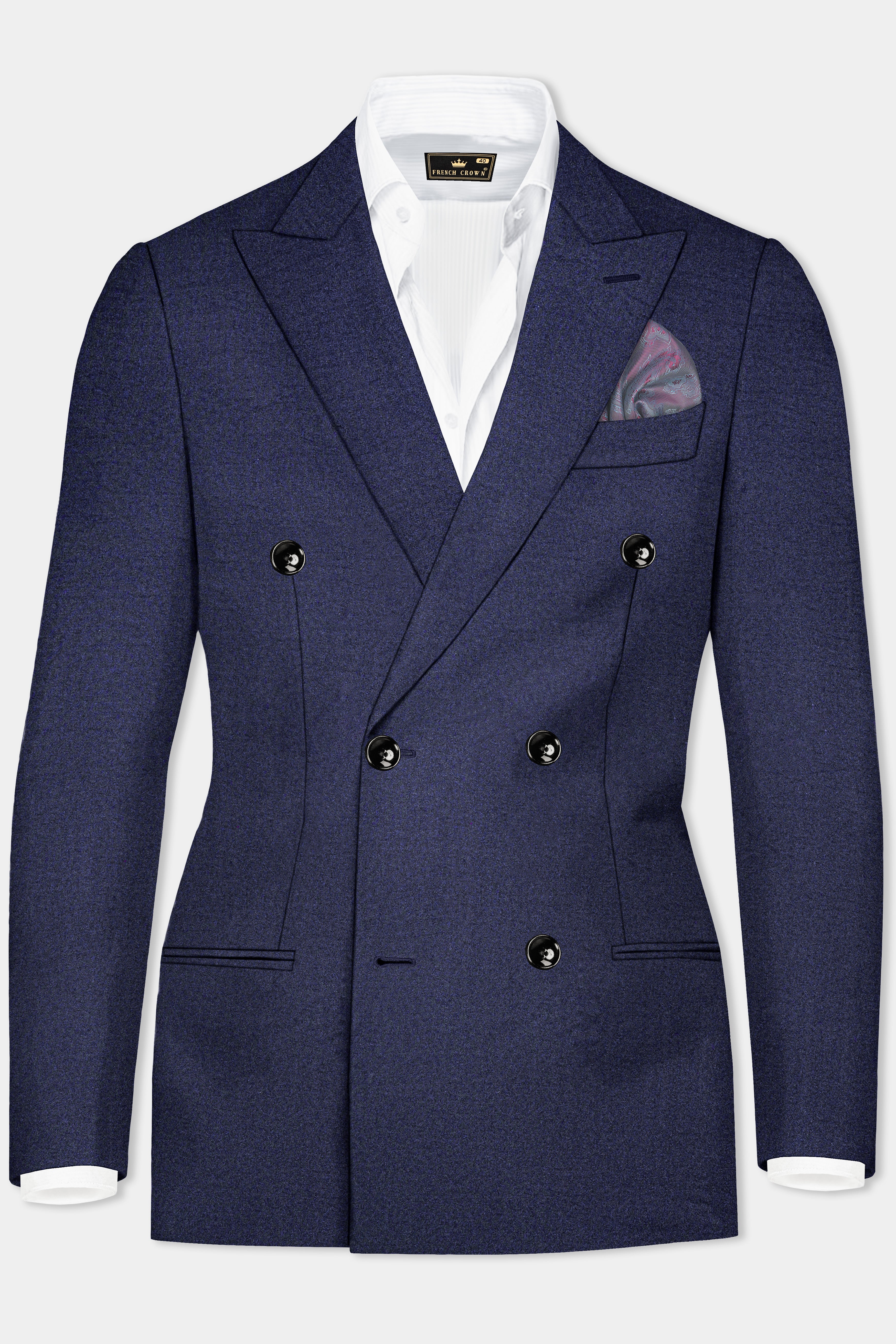 Thunder Blue Solid Wool Blend Double Breasted Blazer