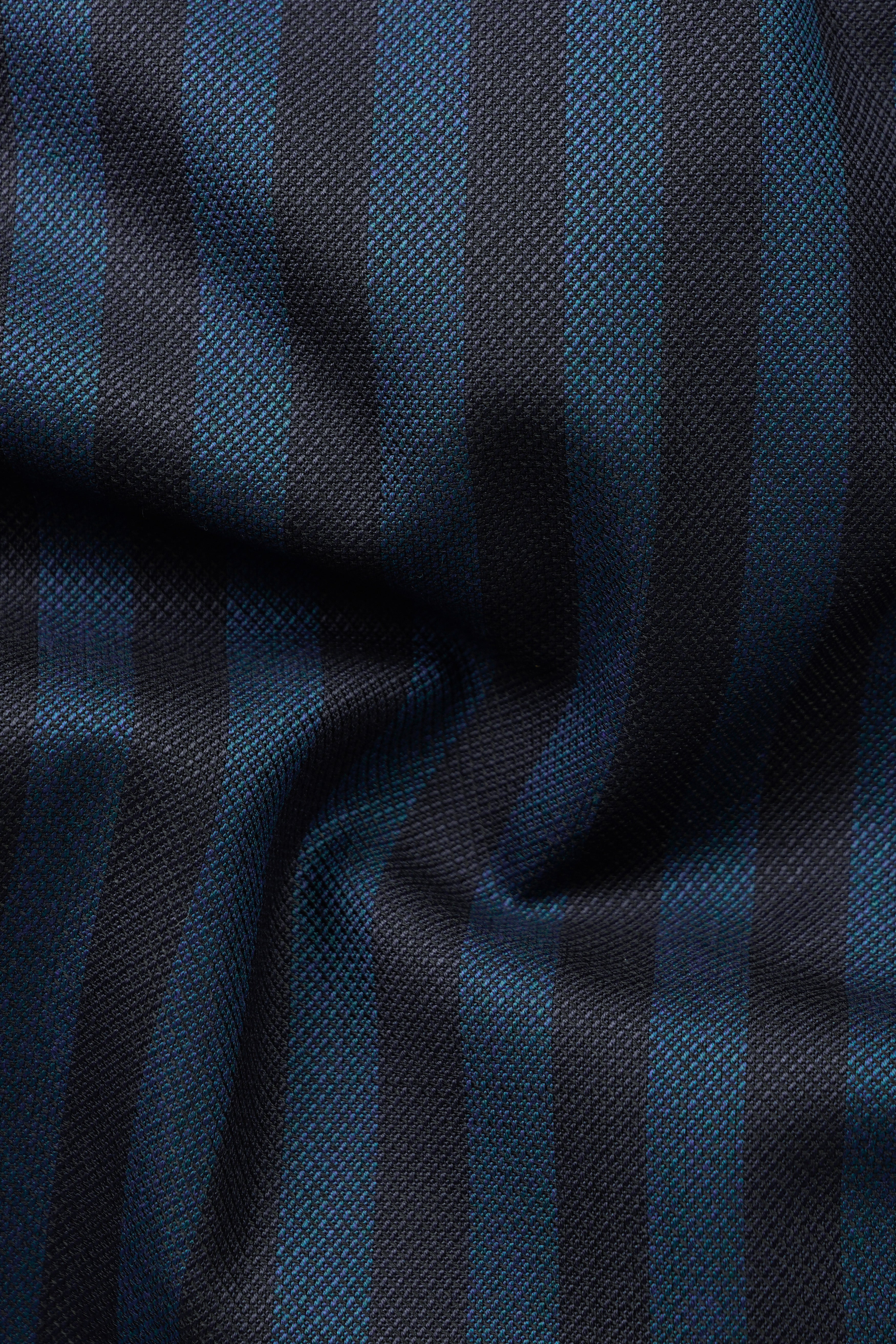 Tiber Blue And Jade Black Striped Wool Blend Cross Placket Bandhgala Blazer