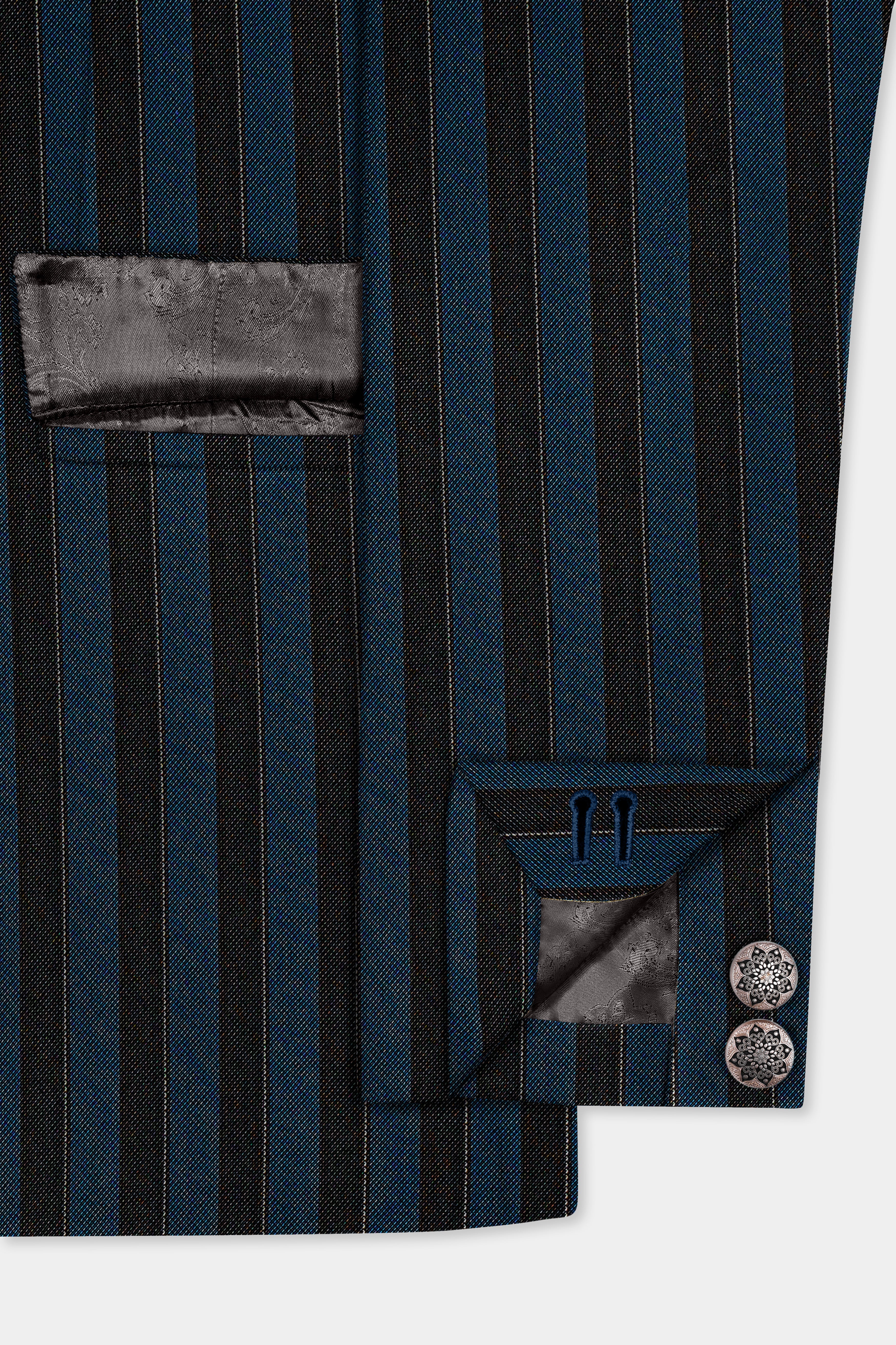 Daintree Blue And Jade Black Striped Wool Blend Cross Placket Bandhgala Blazer