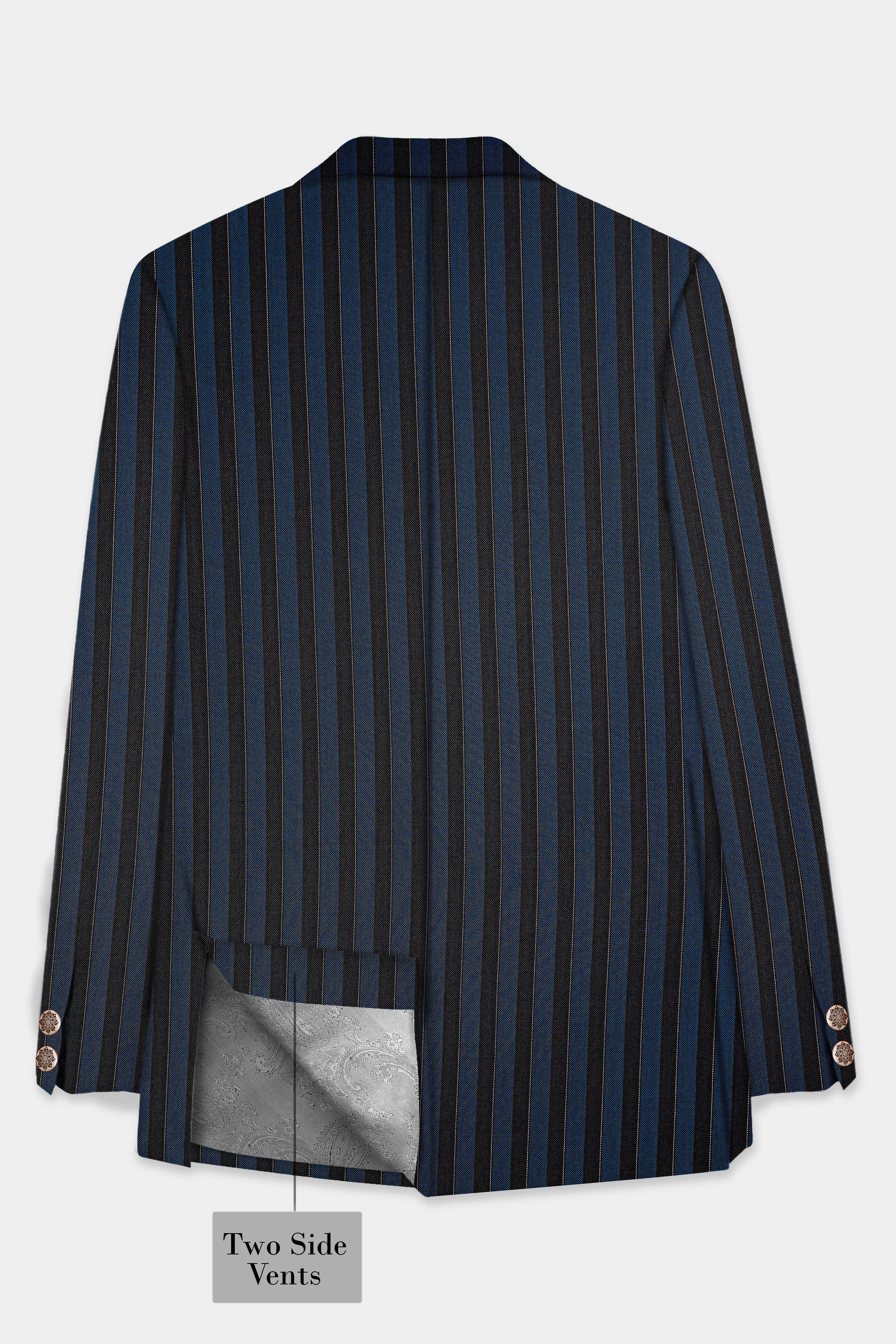 Daintree Blue And Jade Black Striped Wool Blend Cross Placket Bandhgala Blazer