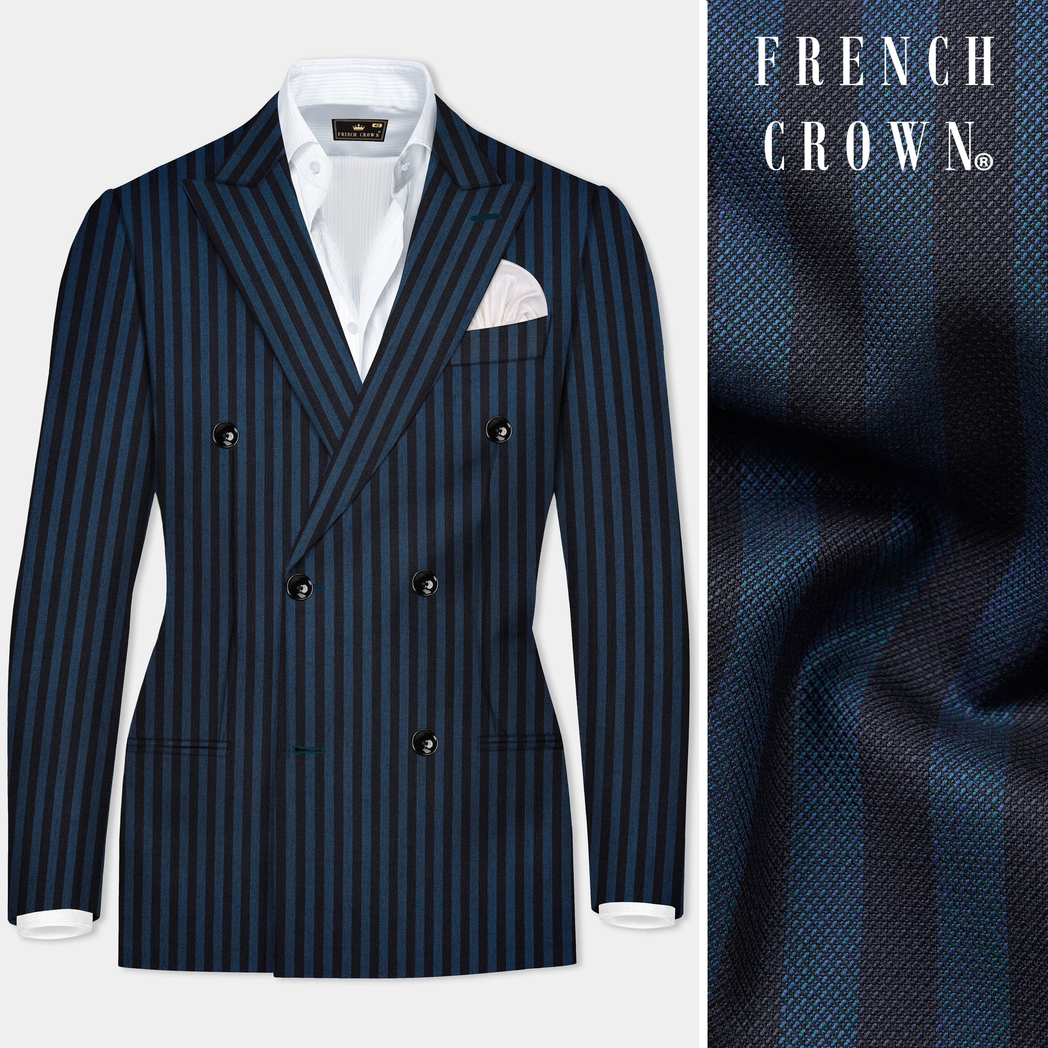 Tiber Blue And Jade Black Stripes Premium Wool Blend Double