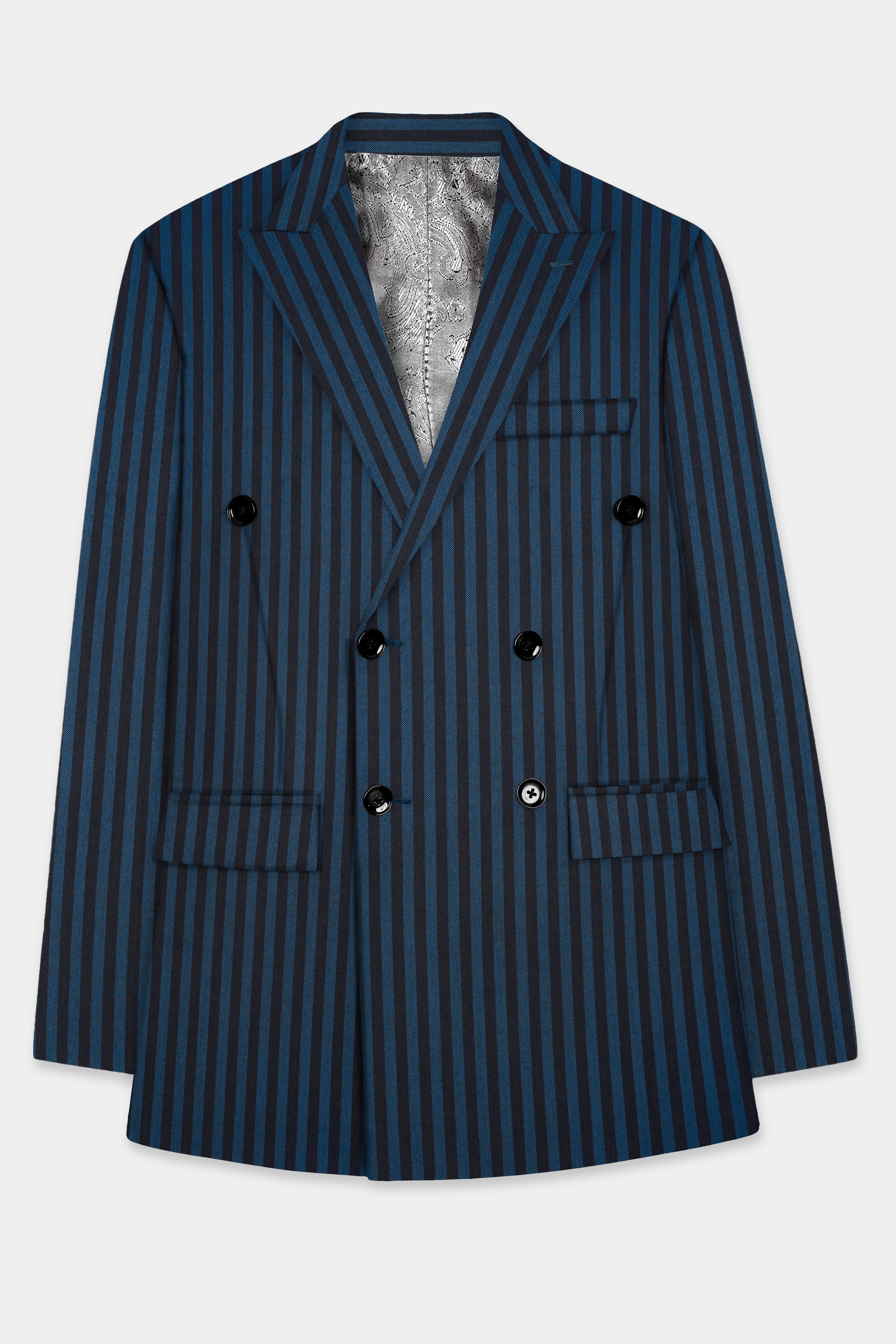 Tiber Blue And Jade Black Striped Wool Blend Double Breasted Blazer