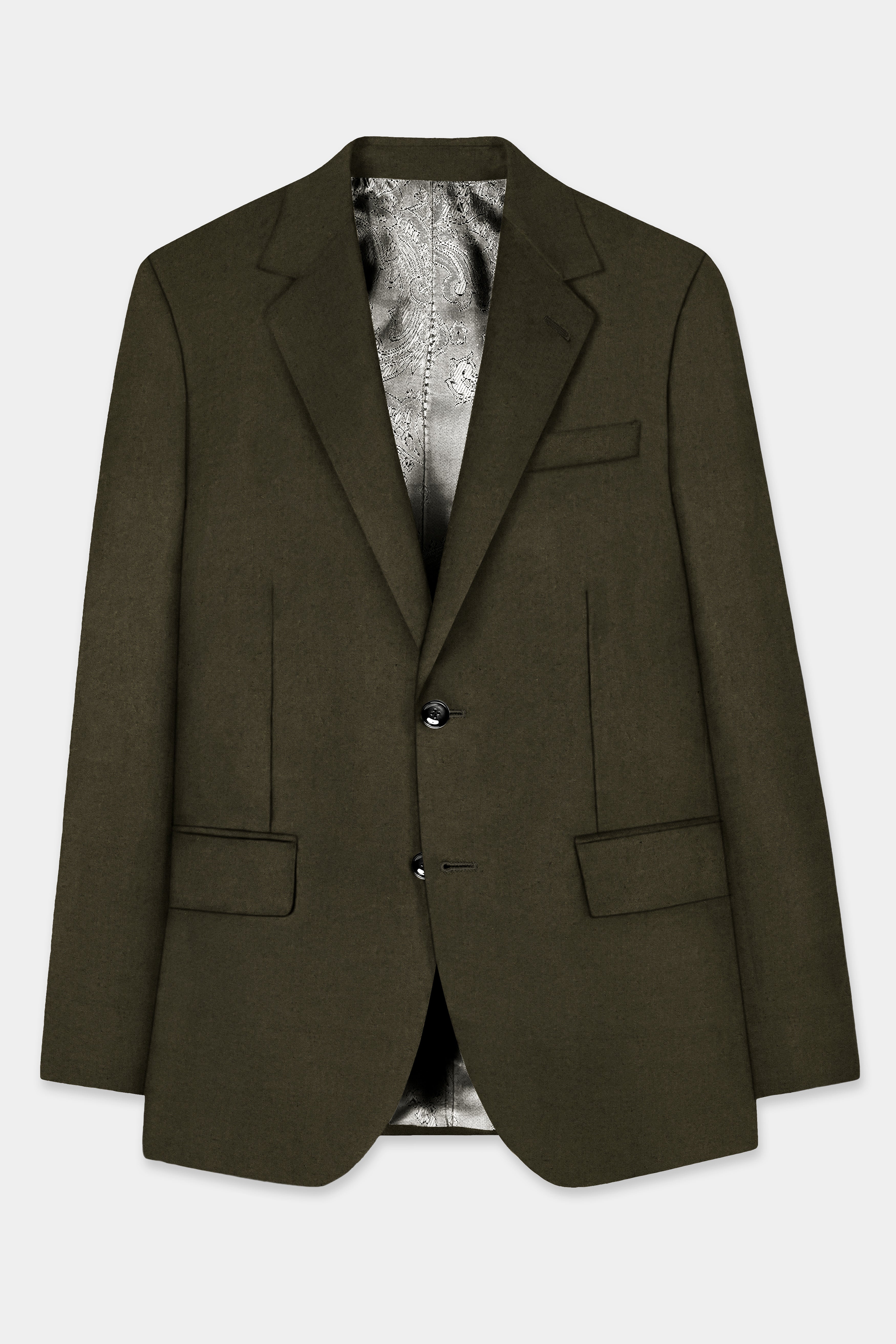 Bistre Green Solid Cotton Single Breasted Blazer