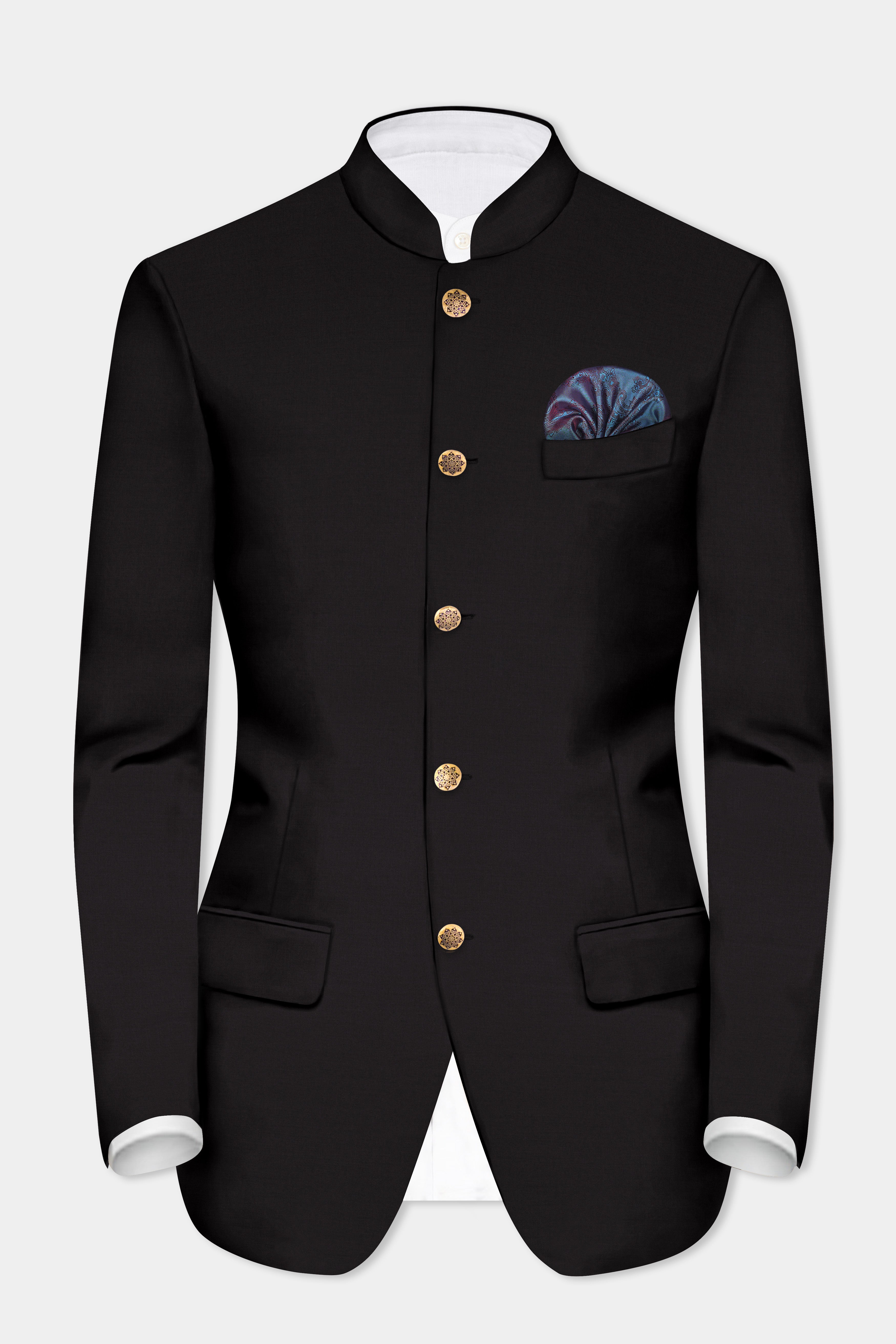 Zeus Black Solid Wool Rich Bandhgala Blazer