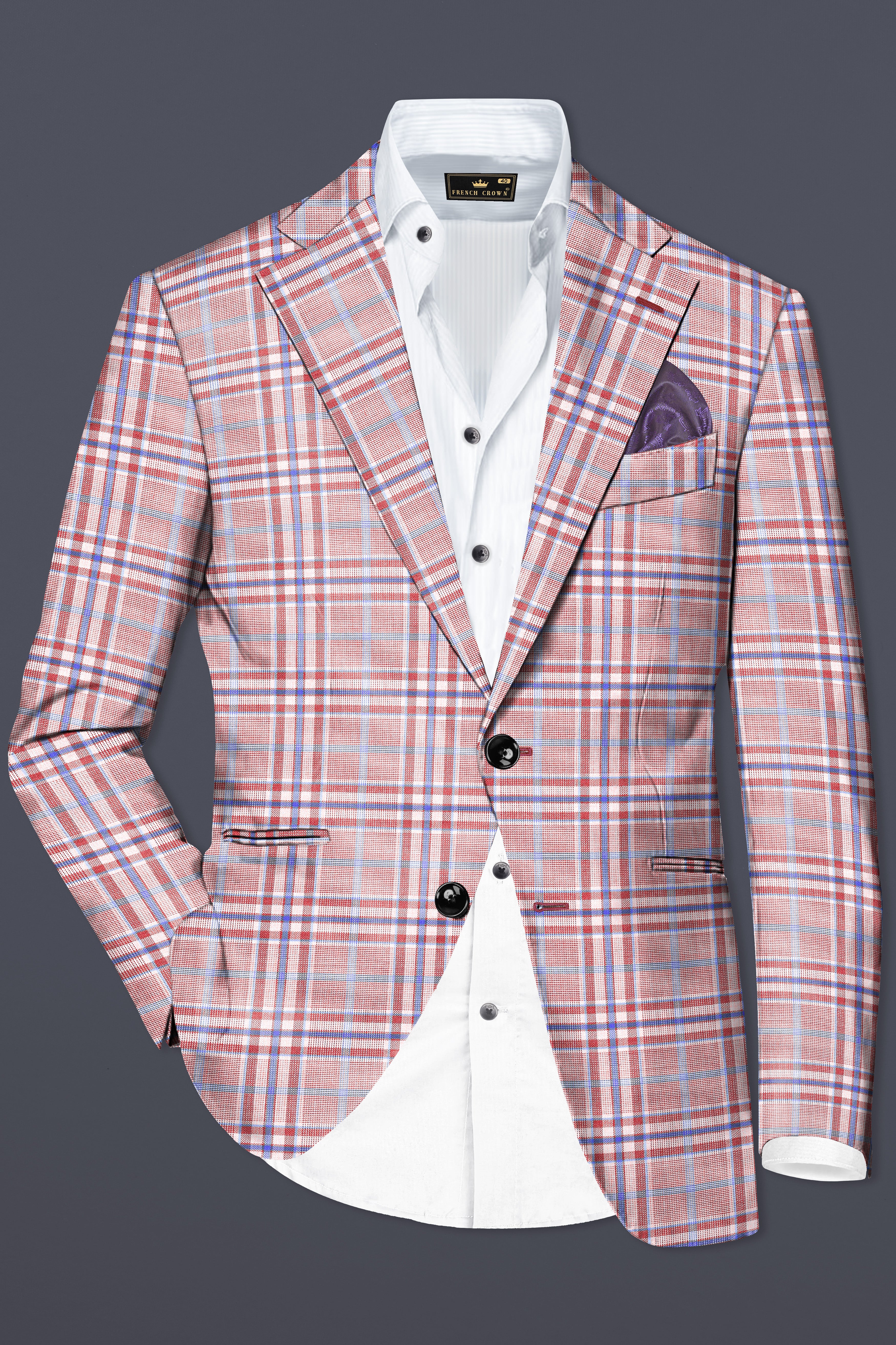 Turkish Rose Pink And Wild Blue Plaid Wool Rich Single Breasted Blazer