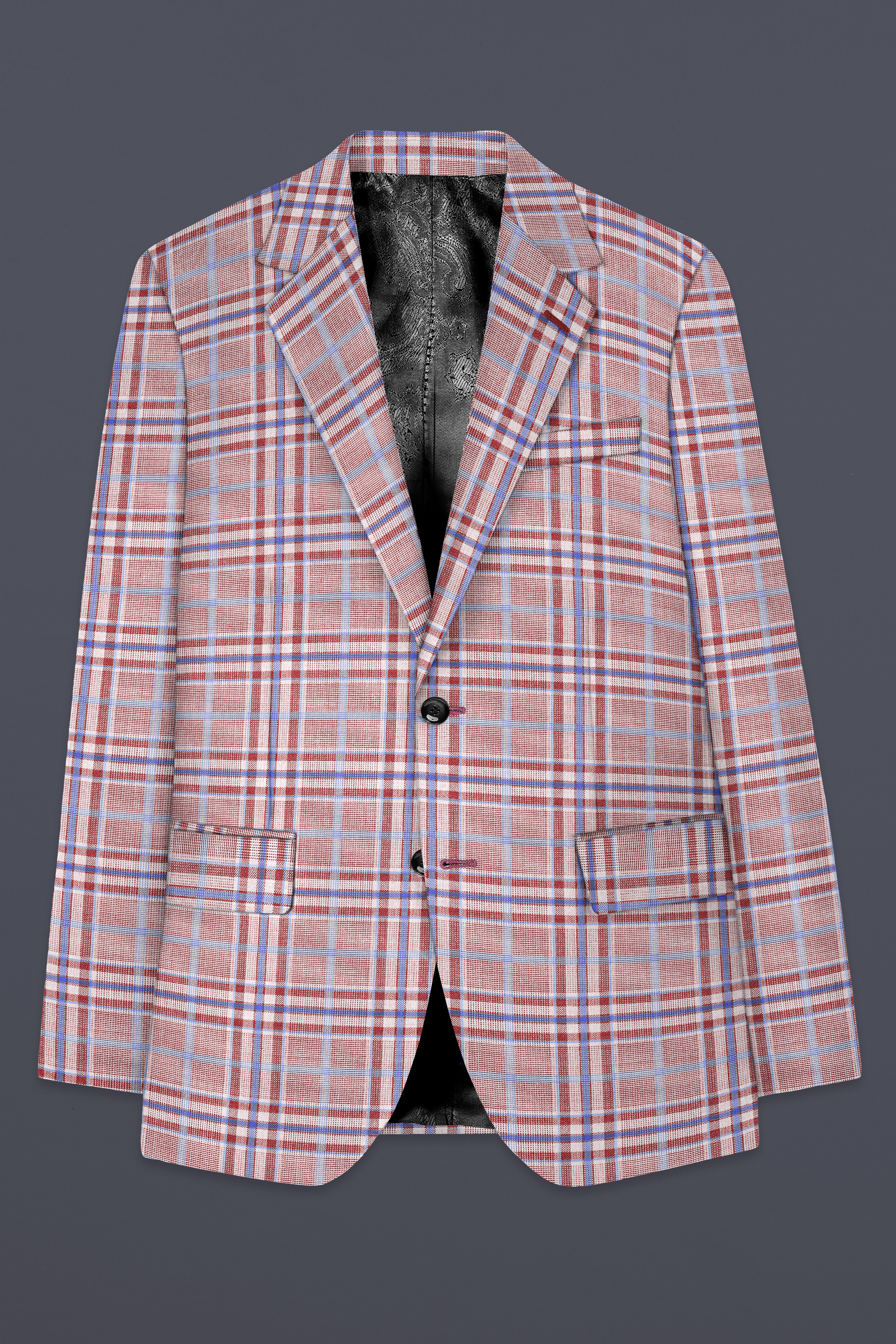 Turkish Rose Pink And Wild Blue Plaid Wool Rich Single Breasted Blazer