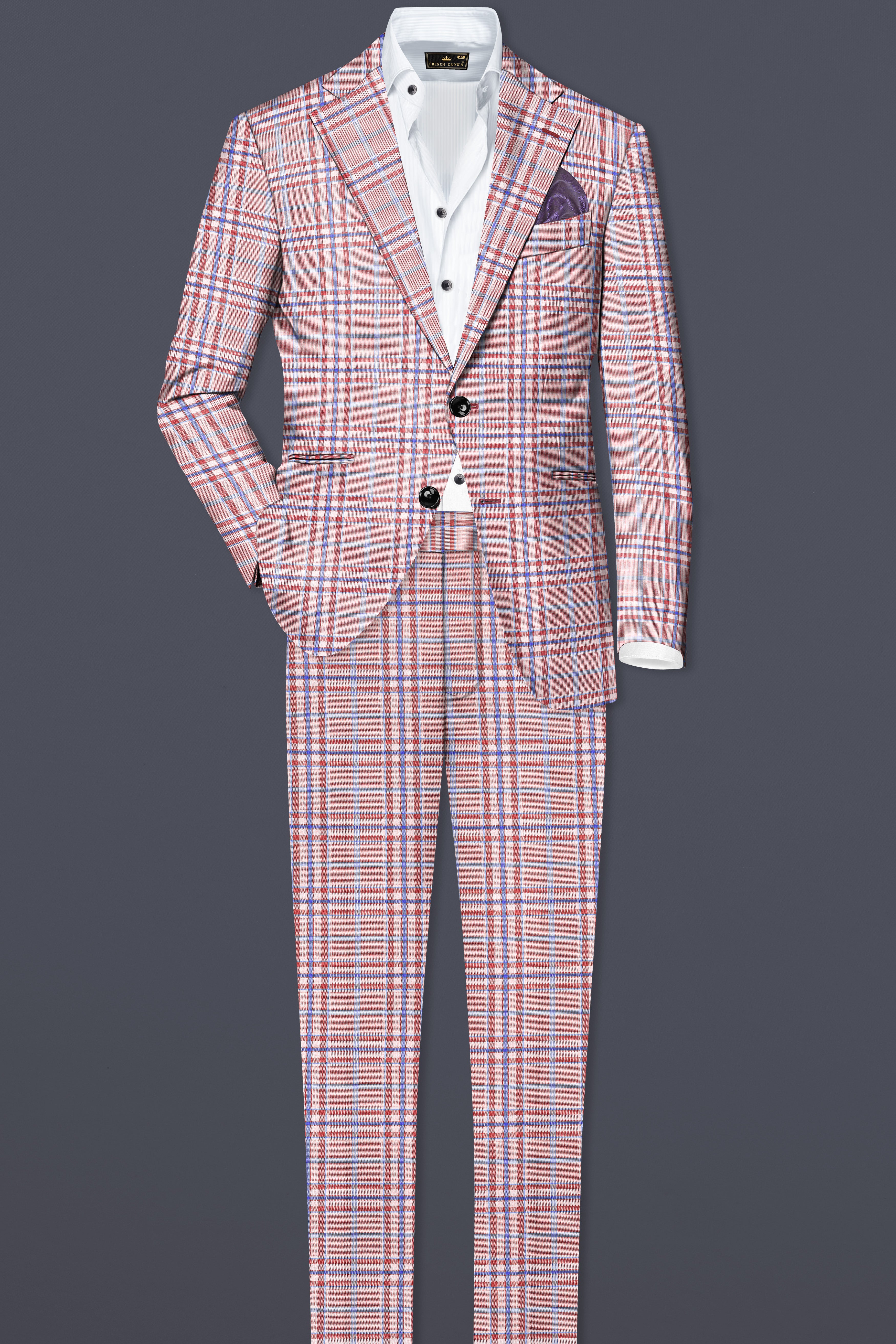 Turkish Rose Pink And Wild Blue Plaid Wool Rich Single Breasted Blazer