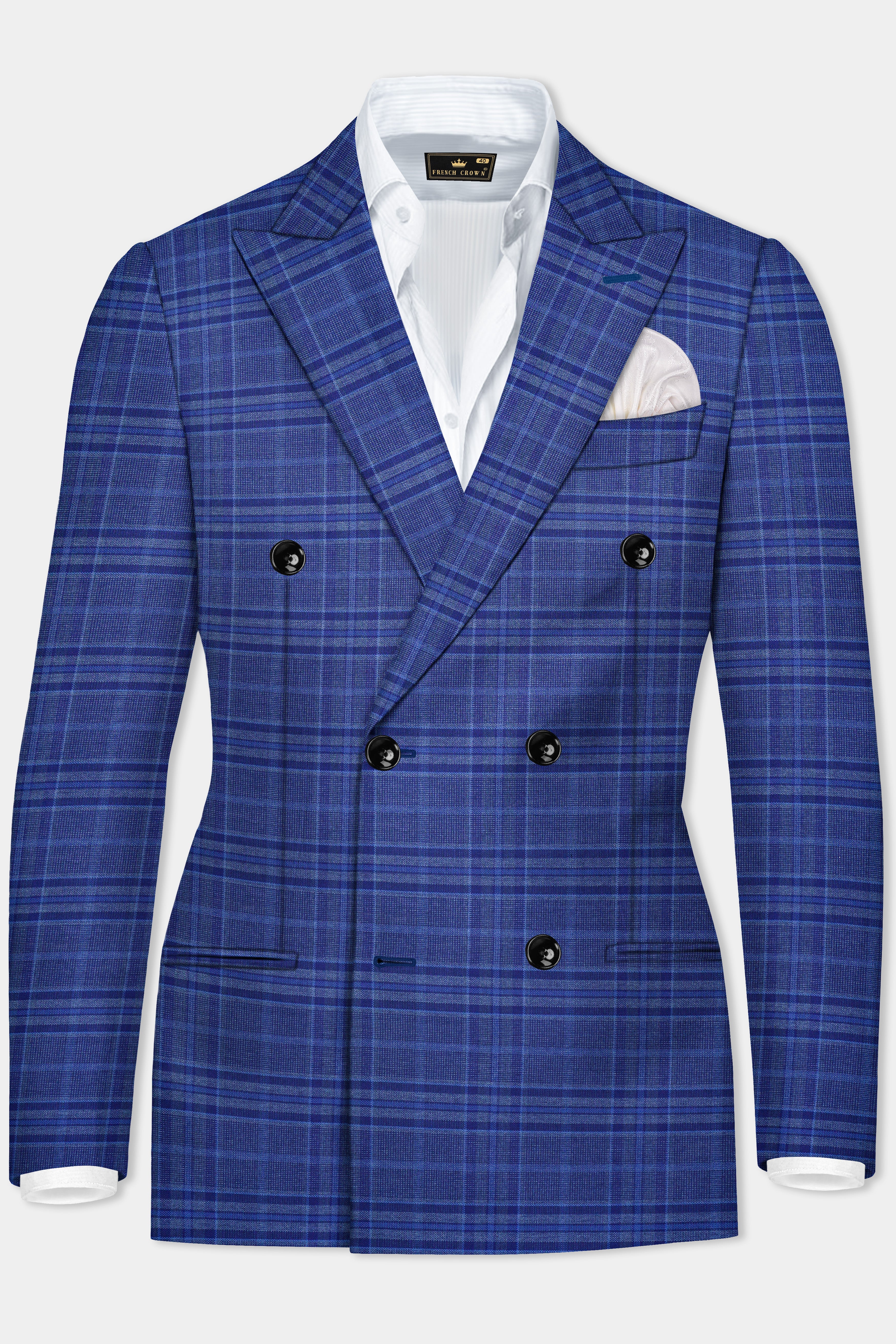 Chambray Blue Plaid Wool Rich Double Breasted Blazer