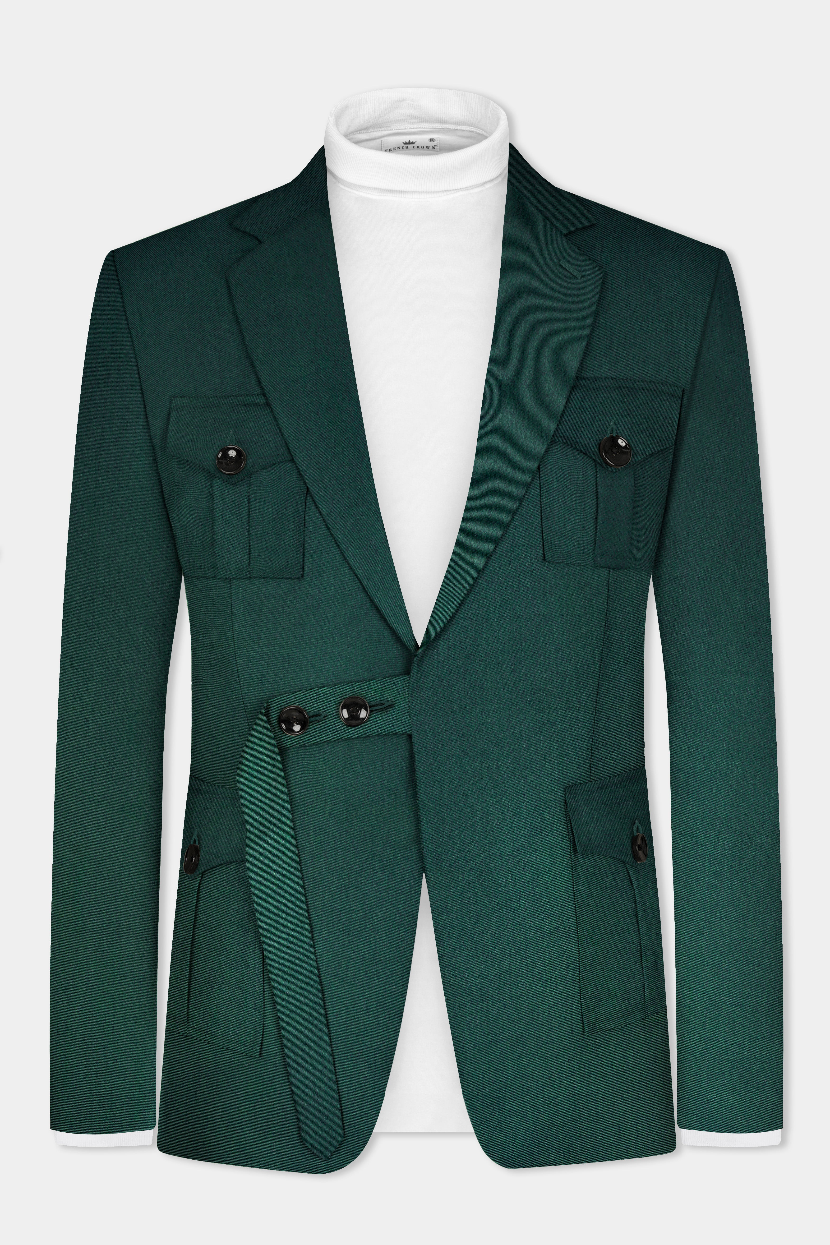 Phthalo Green Solid Cotton Belt Closure Designer Blazer