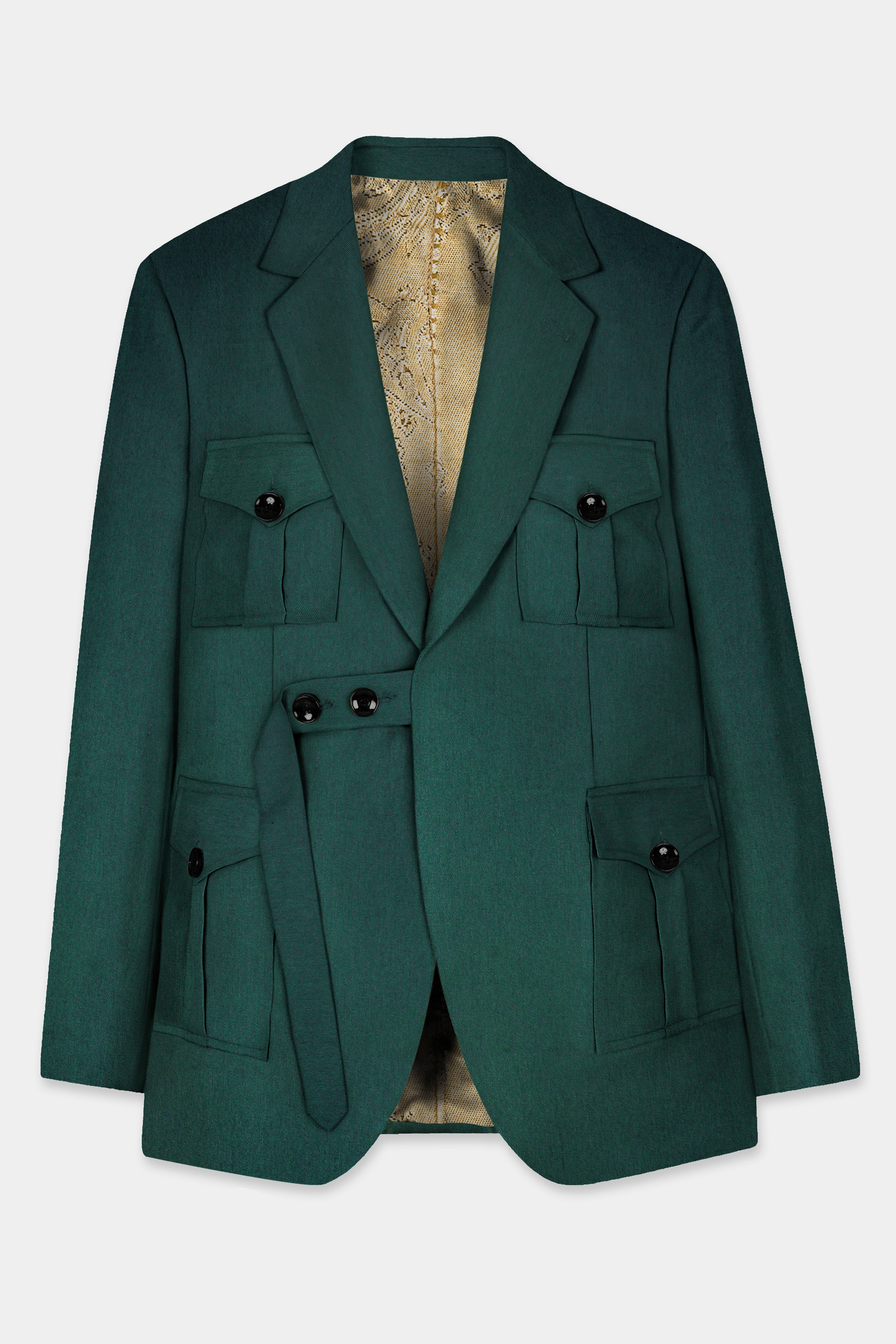 Phthalo Green Solid Cotton Belt Closure Designer Blazer