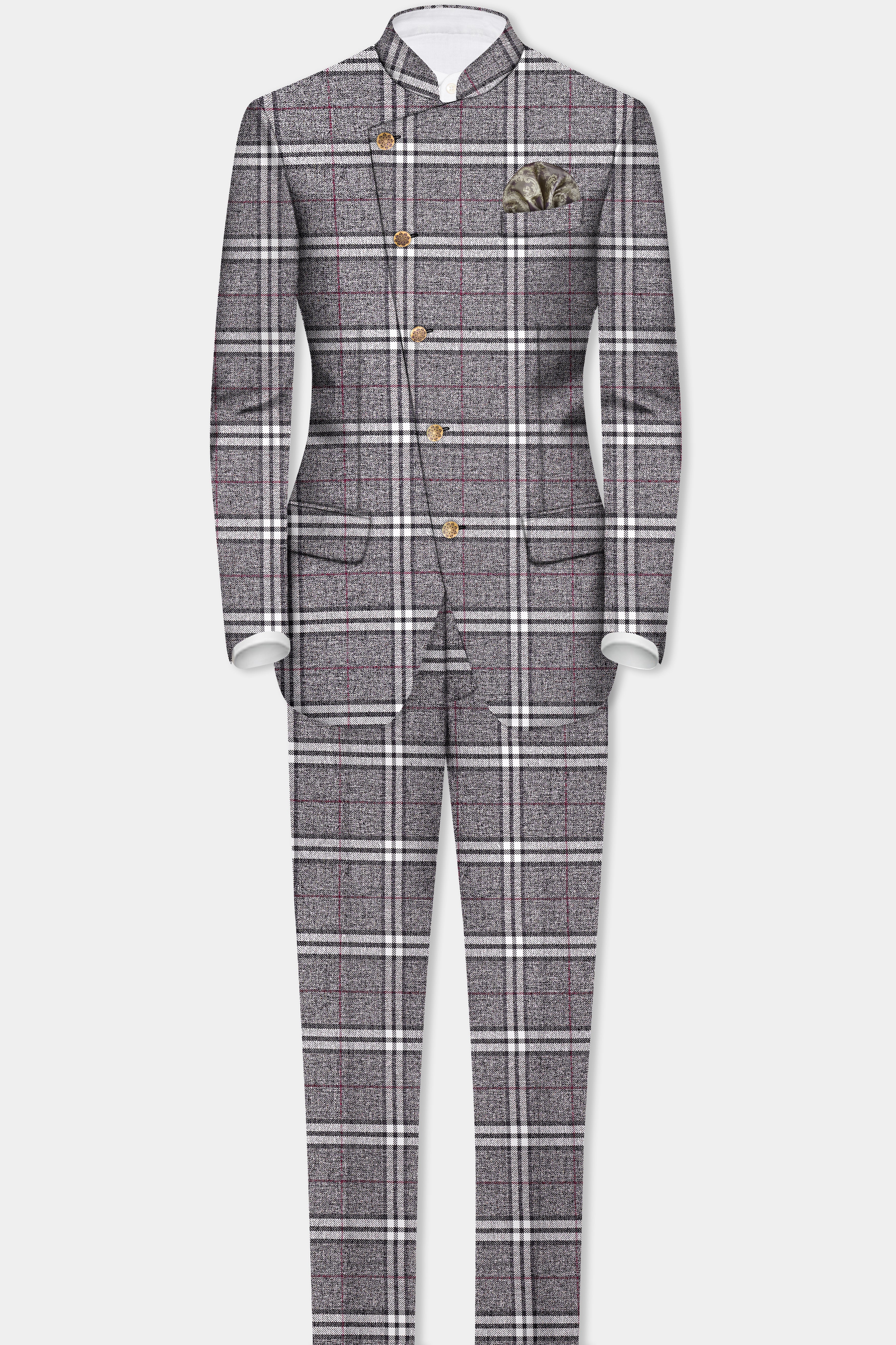 Granite Gray Plaid Wool Rich Cross Placket Bandhgala Blazer