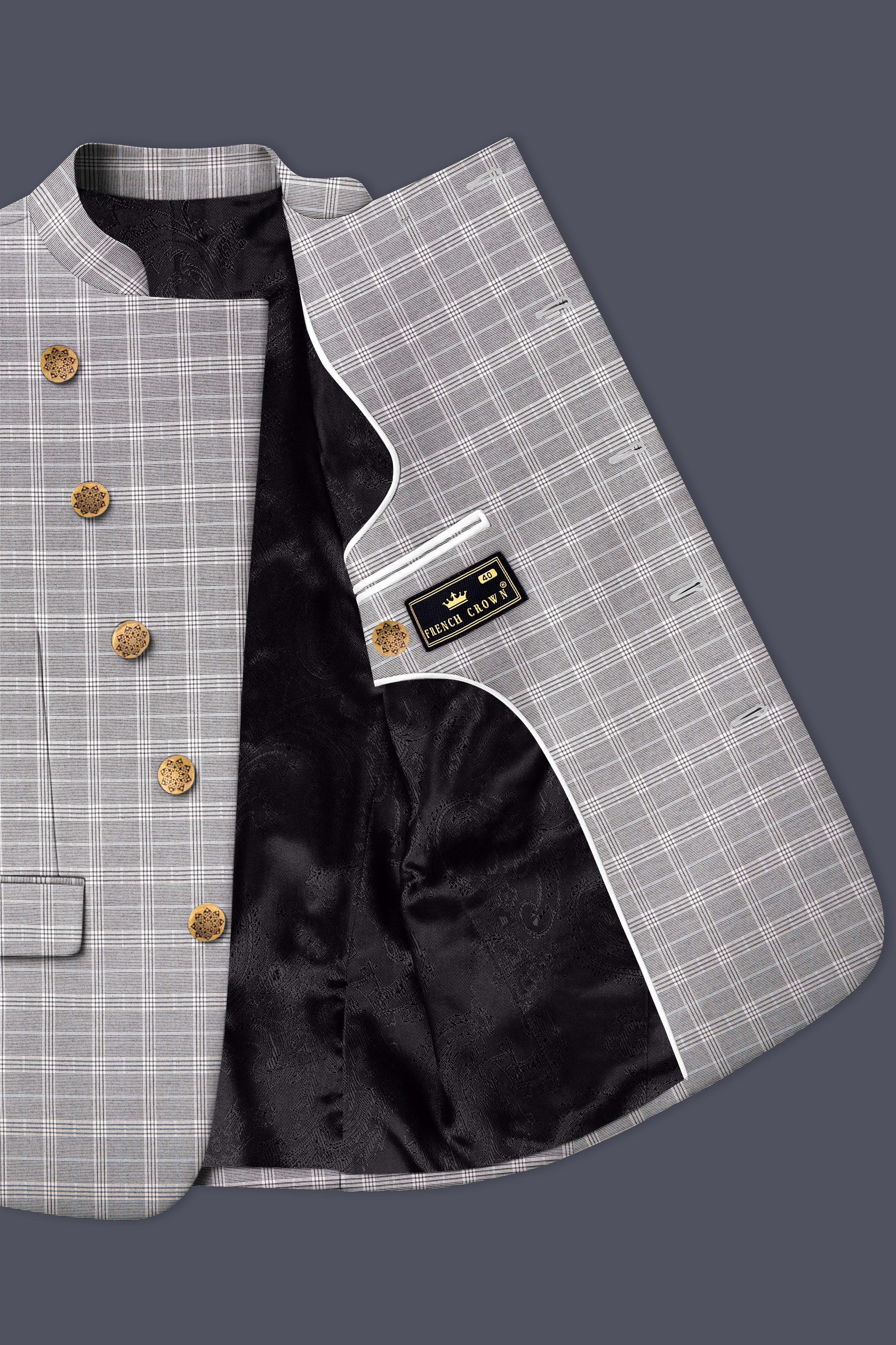 Monsoon Gray Plaid Wool Rich Cross Placket Bandhgala Blazer