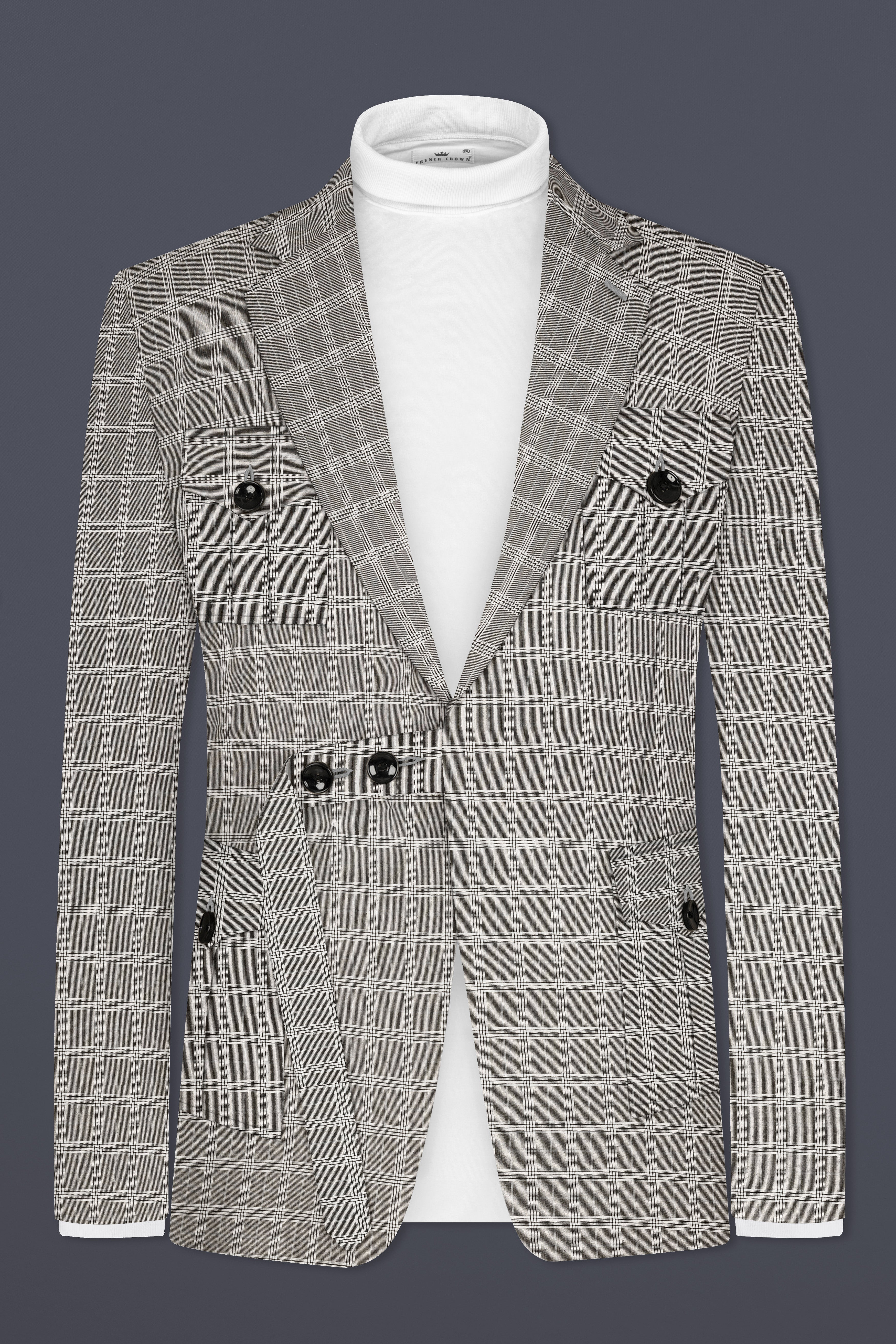 Venus Gray Plaid Wool Rich Belt Closure Designer Blazer