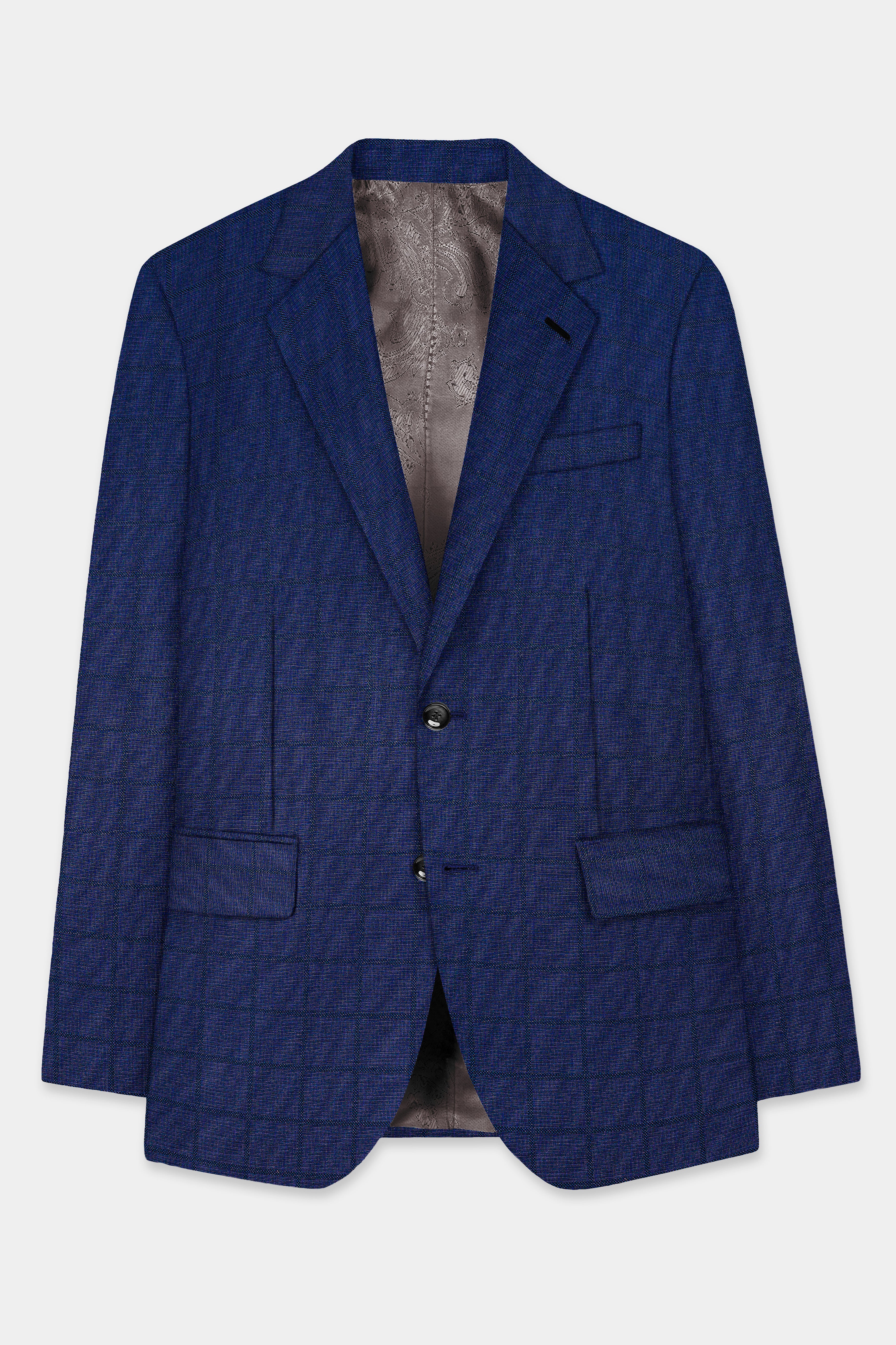 Tealish Blue Plaid Wool Rich Single Breasted Blazer