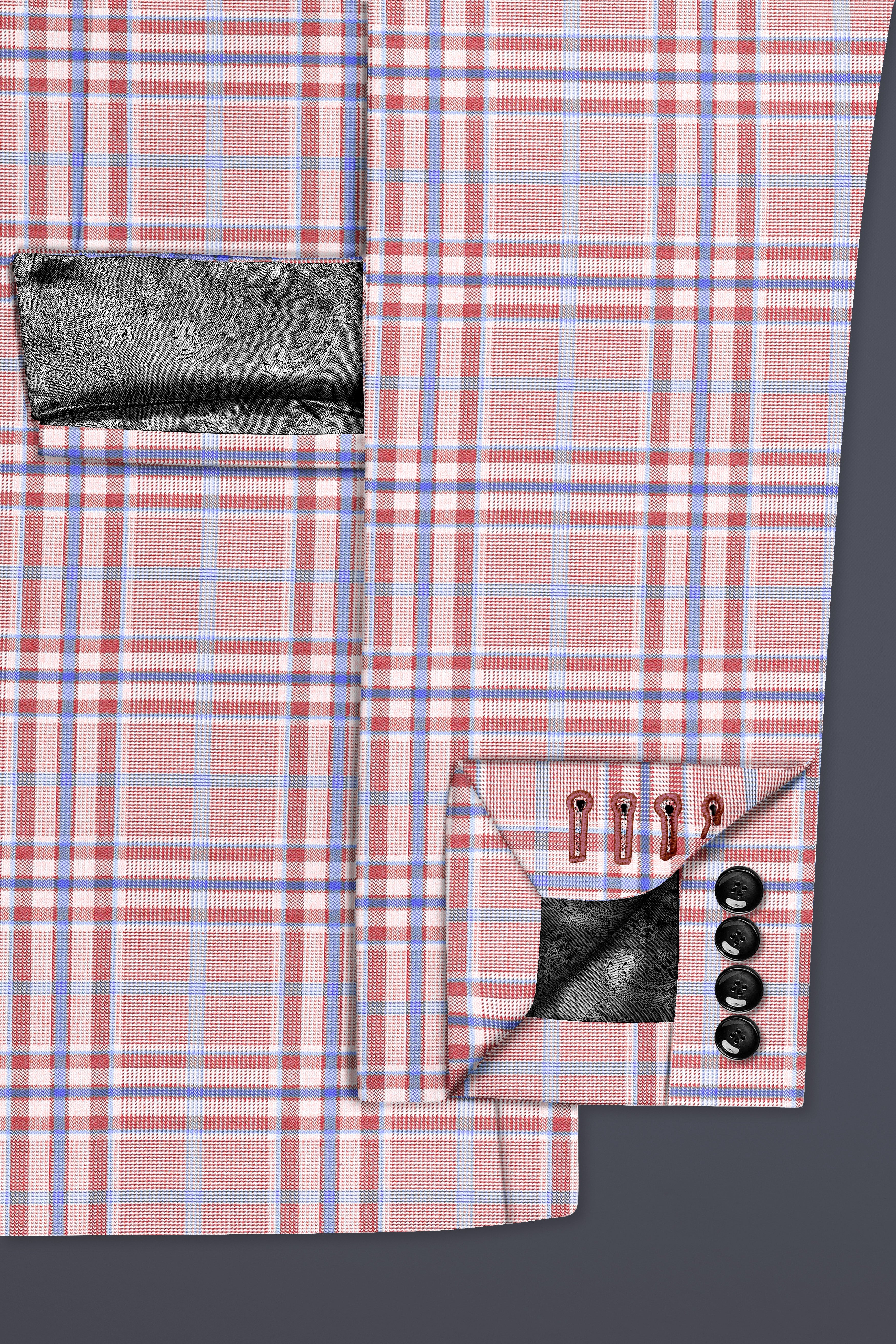 Turkish Rose Pink And Wild Blue Plaid Wool Rich Double Breasted Blazer