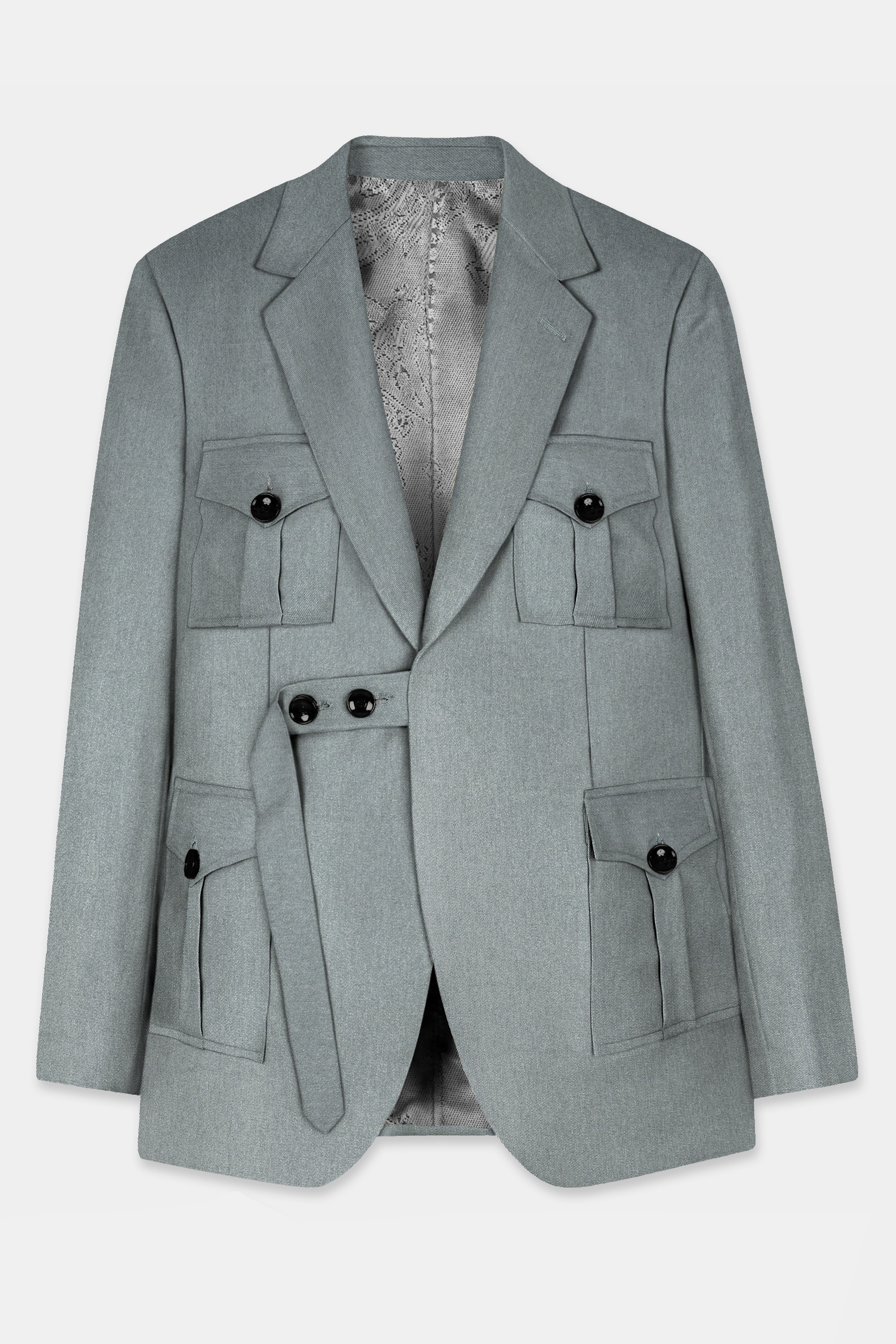 Smokey Gray Solid Cotton Belt Closure Designer Blazer