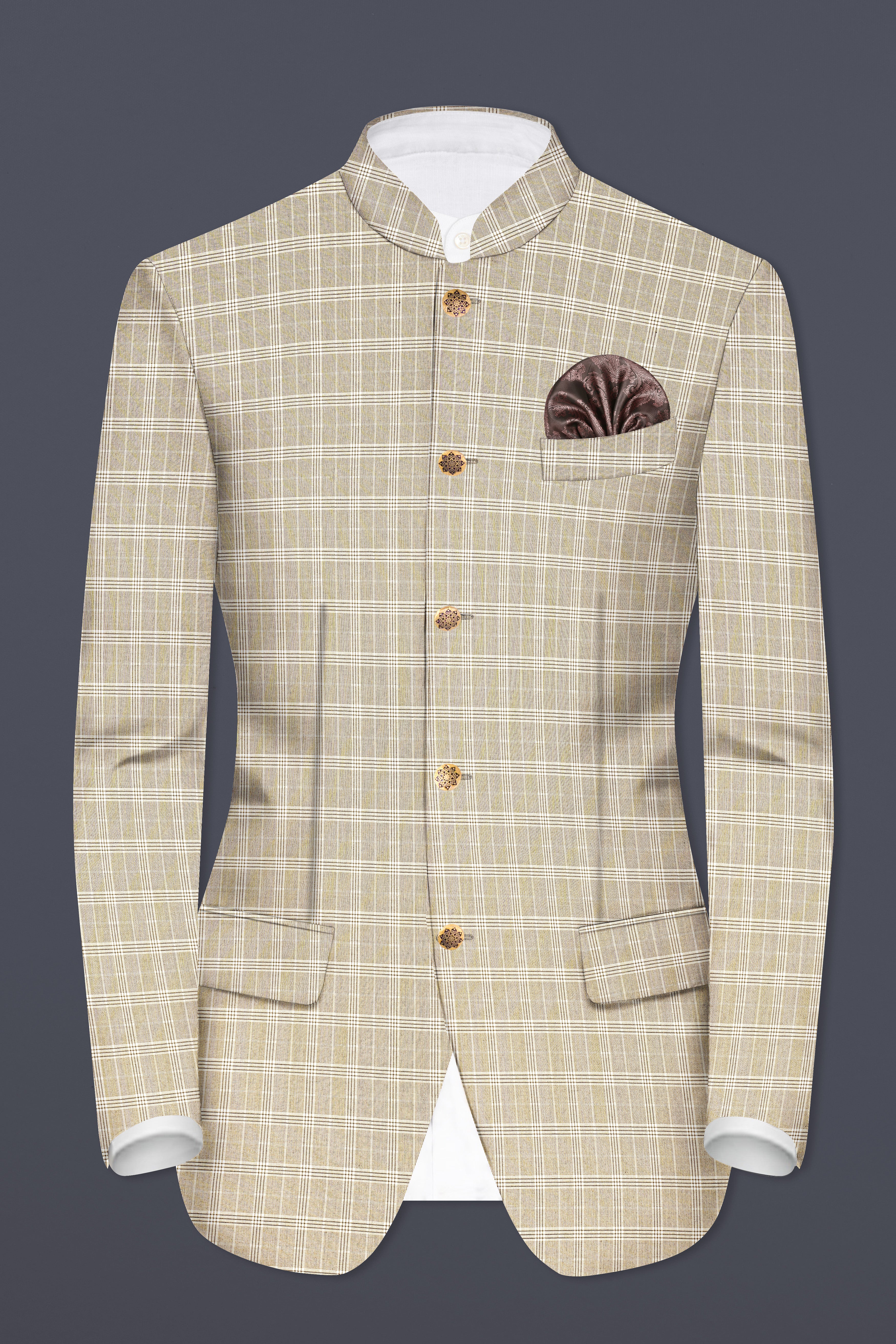 Eagle Cream Plaid Wool Rich Bandhgala Blazer