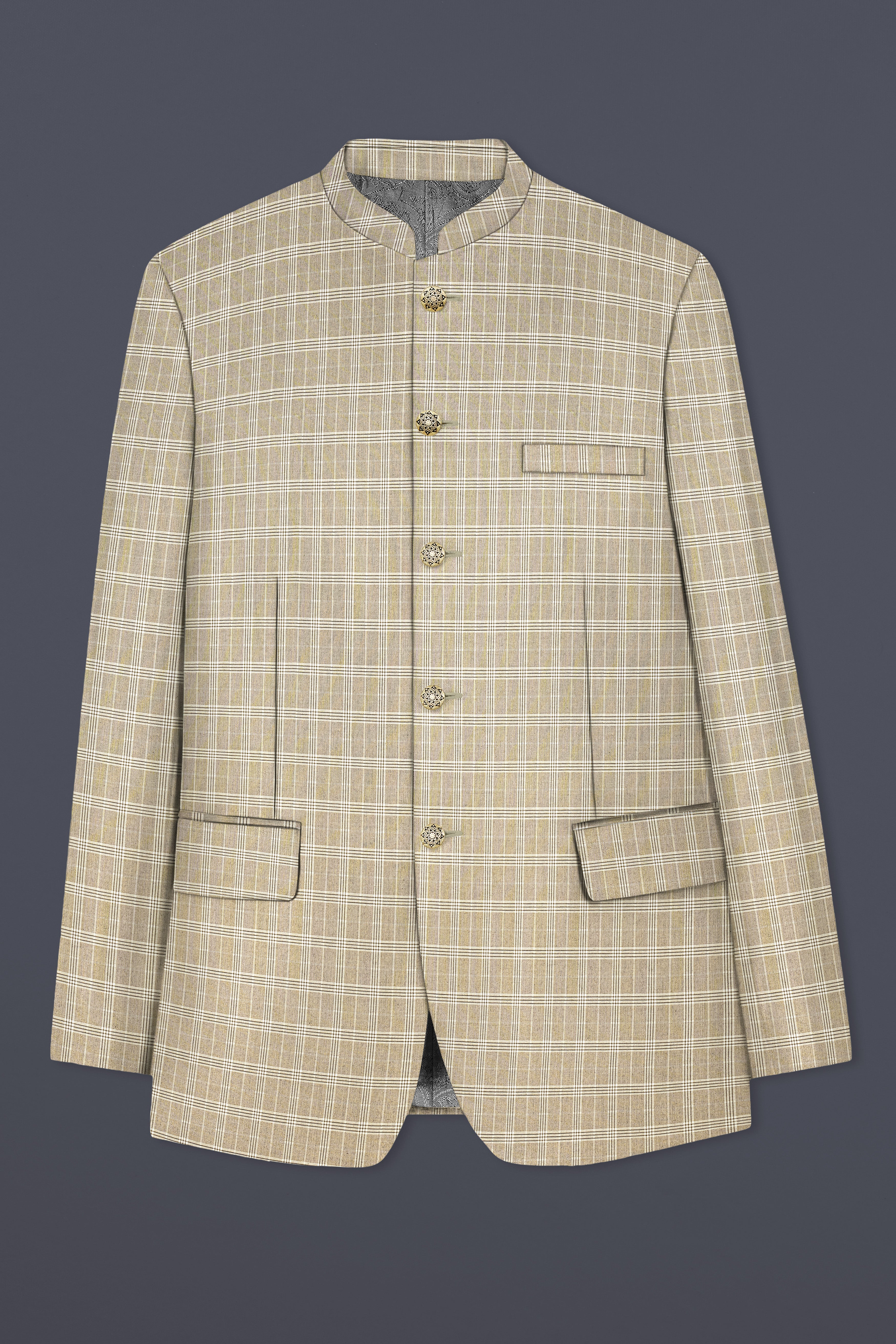 Eagle Cream Plaid Wool Rich Bandhgala Blazer