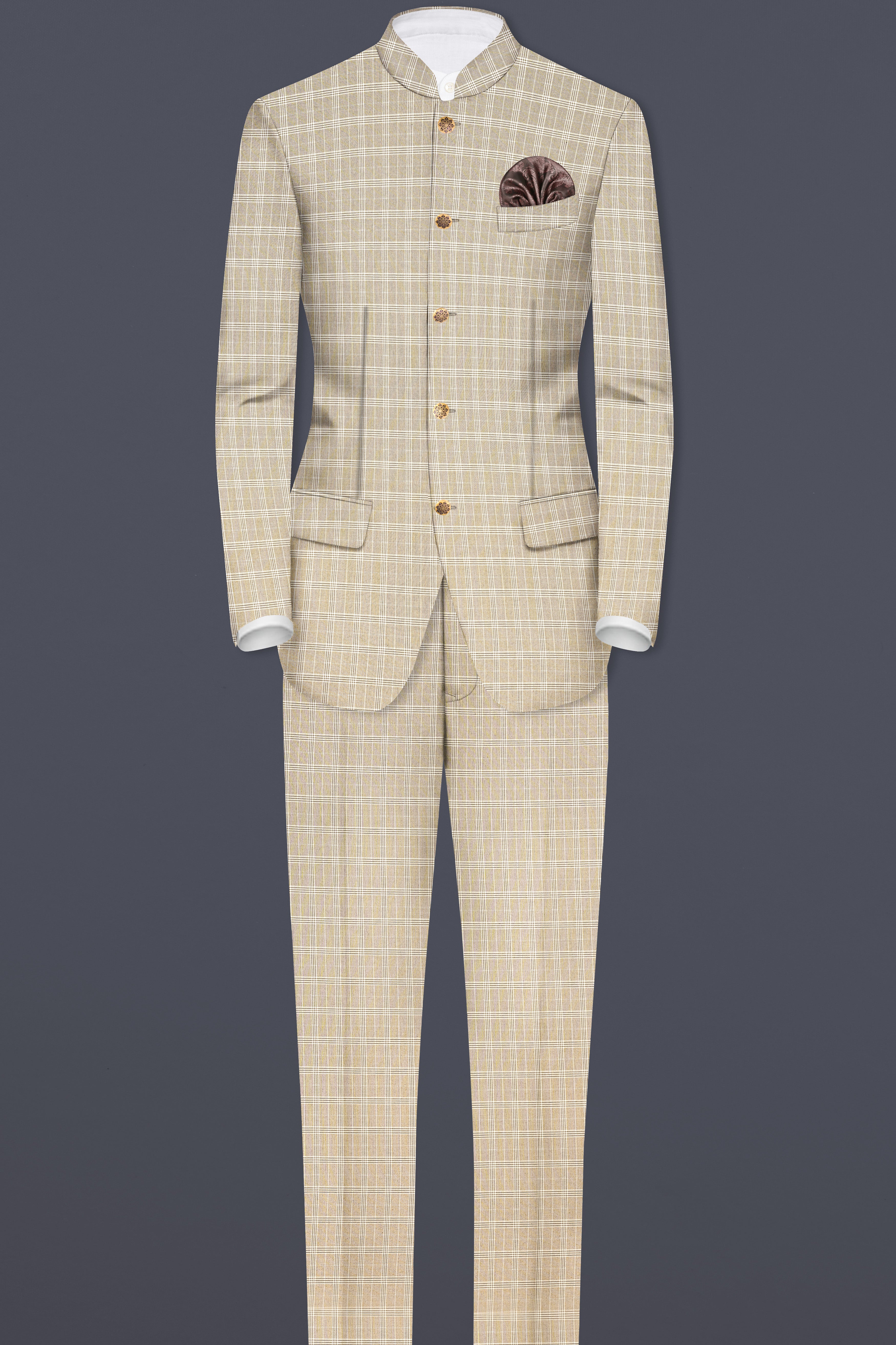 Eagle Cream Plaid Wool Rich Bandhgala Blazer