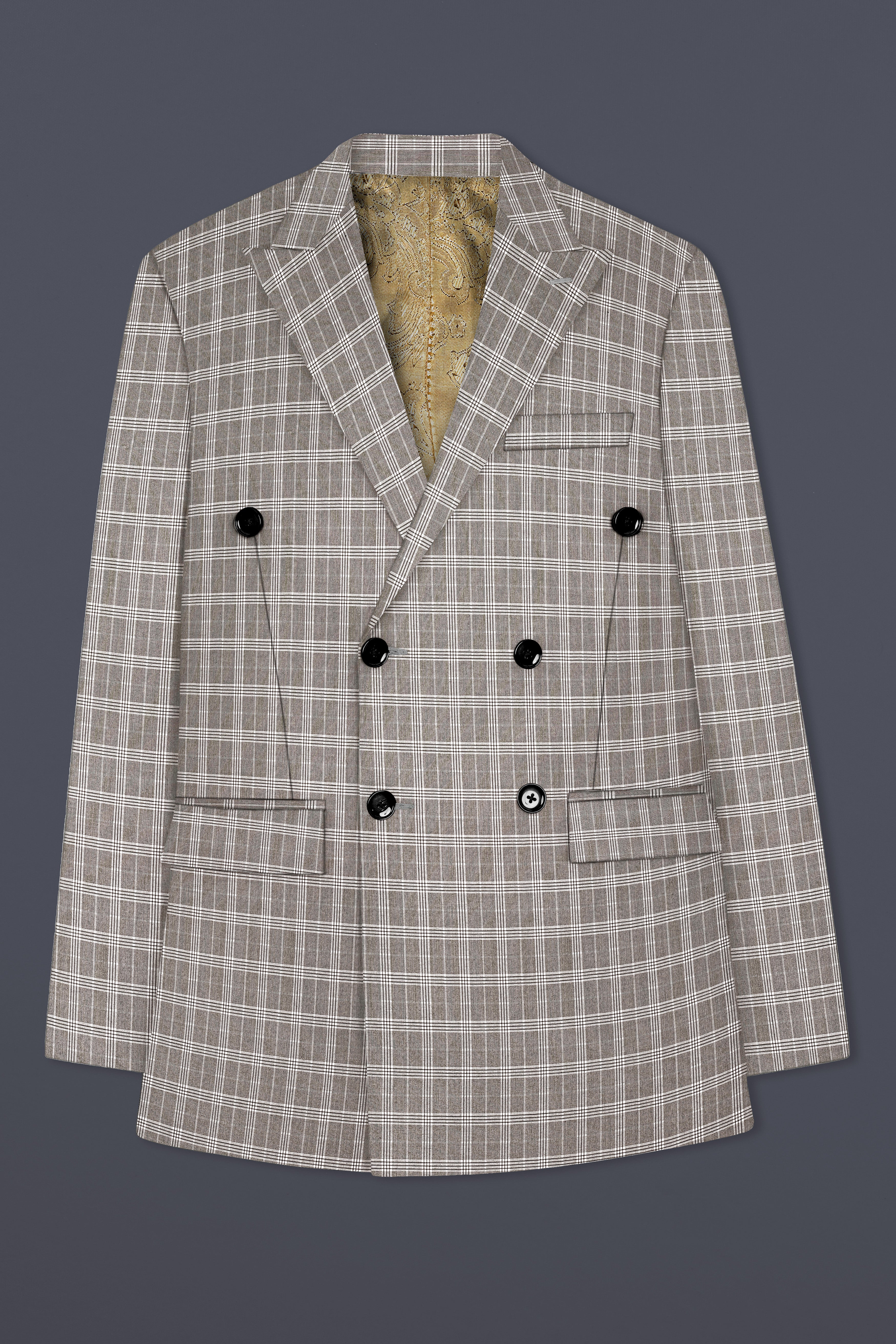 Monsoon Gray Plaid Wool Rich Double Breasted Blazer