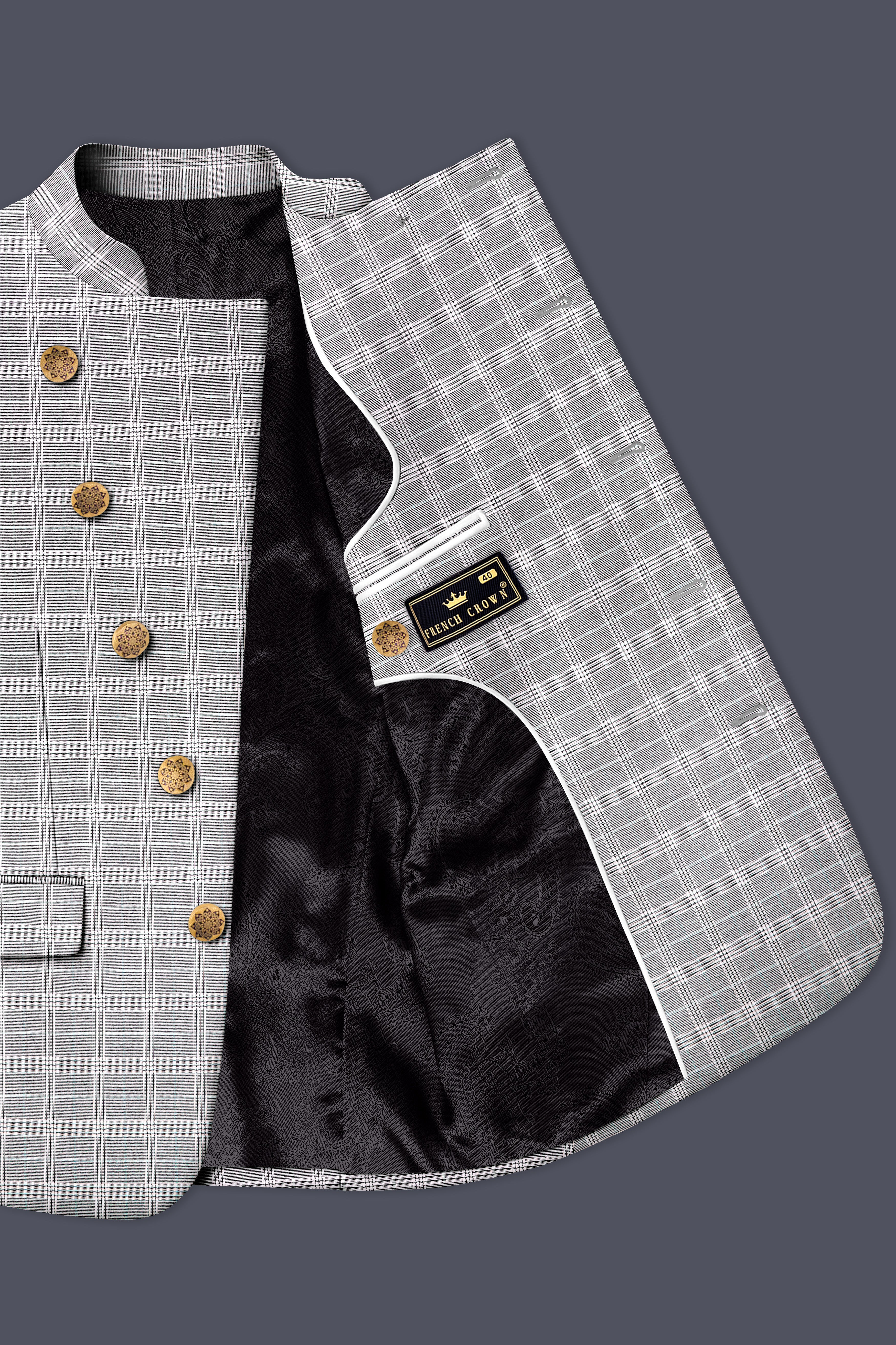 Venus Gray Plaid Wool Rich Cross Placket Bandhgala Blazer