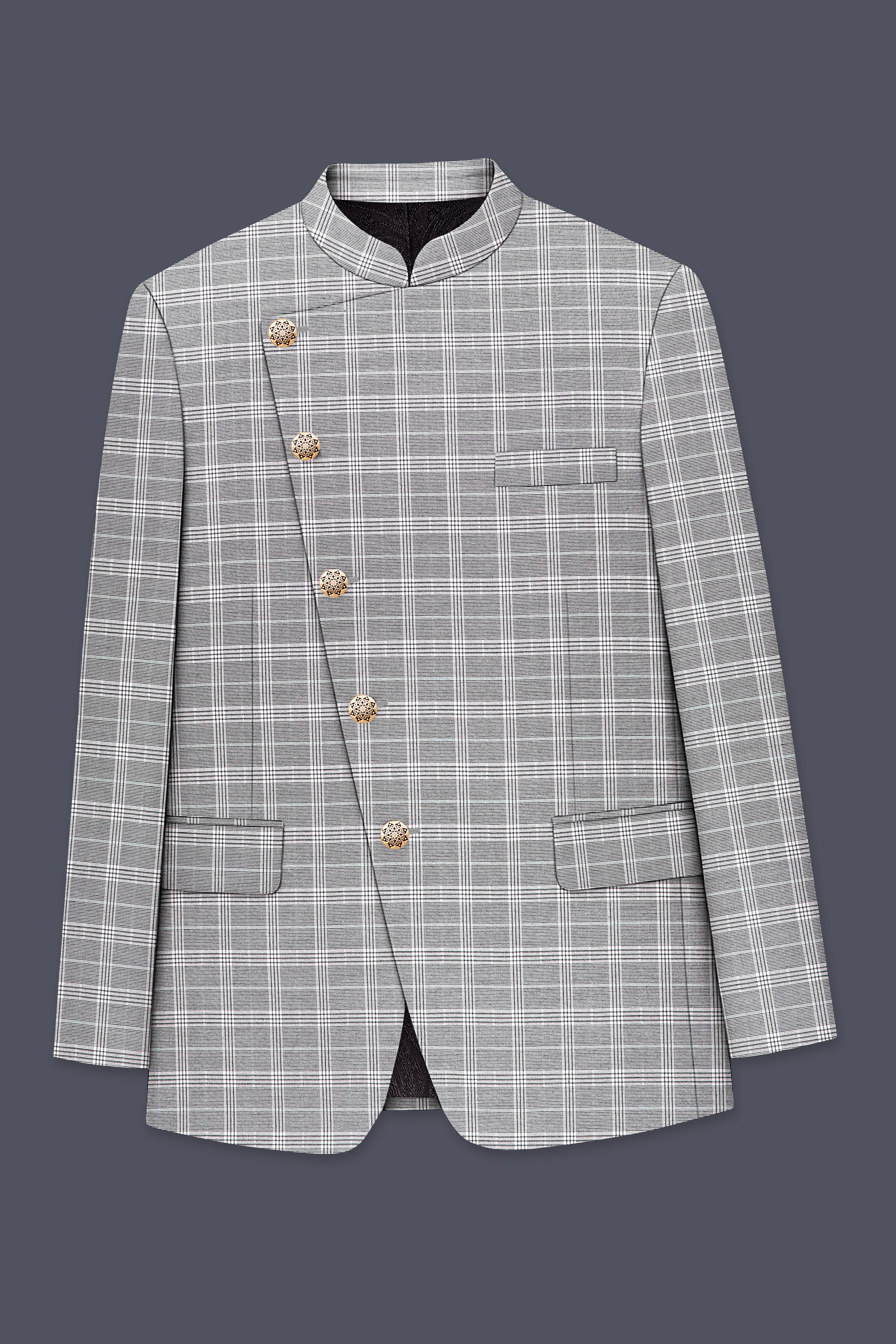 Venus Gray Plaid Wool Rich Cross Placket Bandhgala Blazer