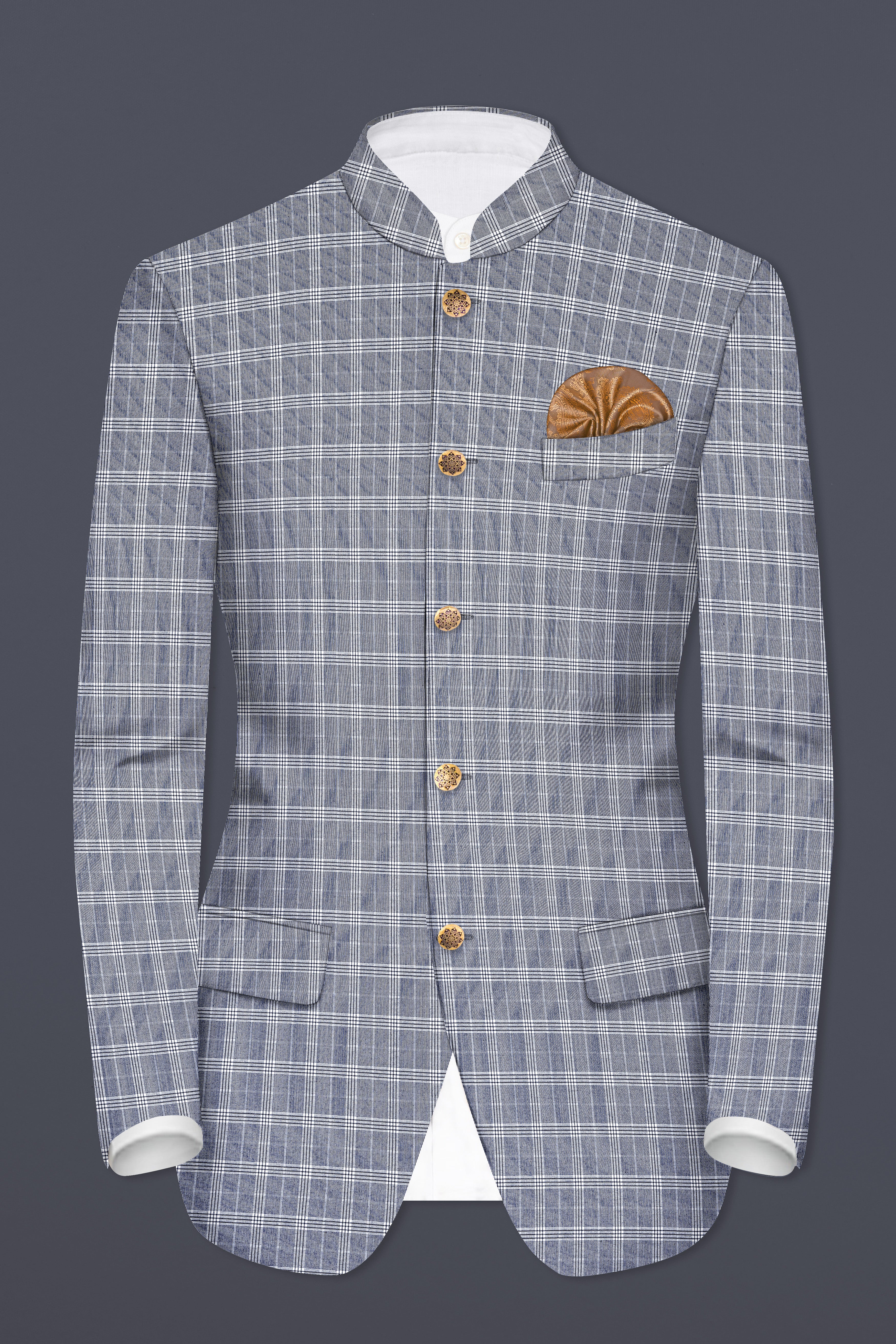 Mountain Mist Blue Plaid Wool Rich Bandhgala Blazer