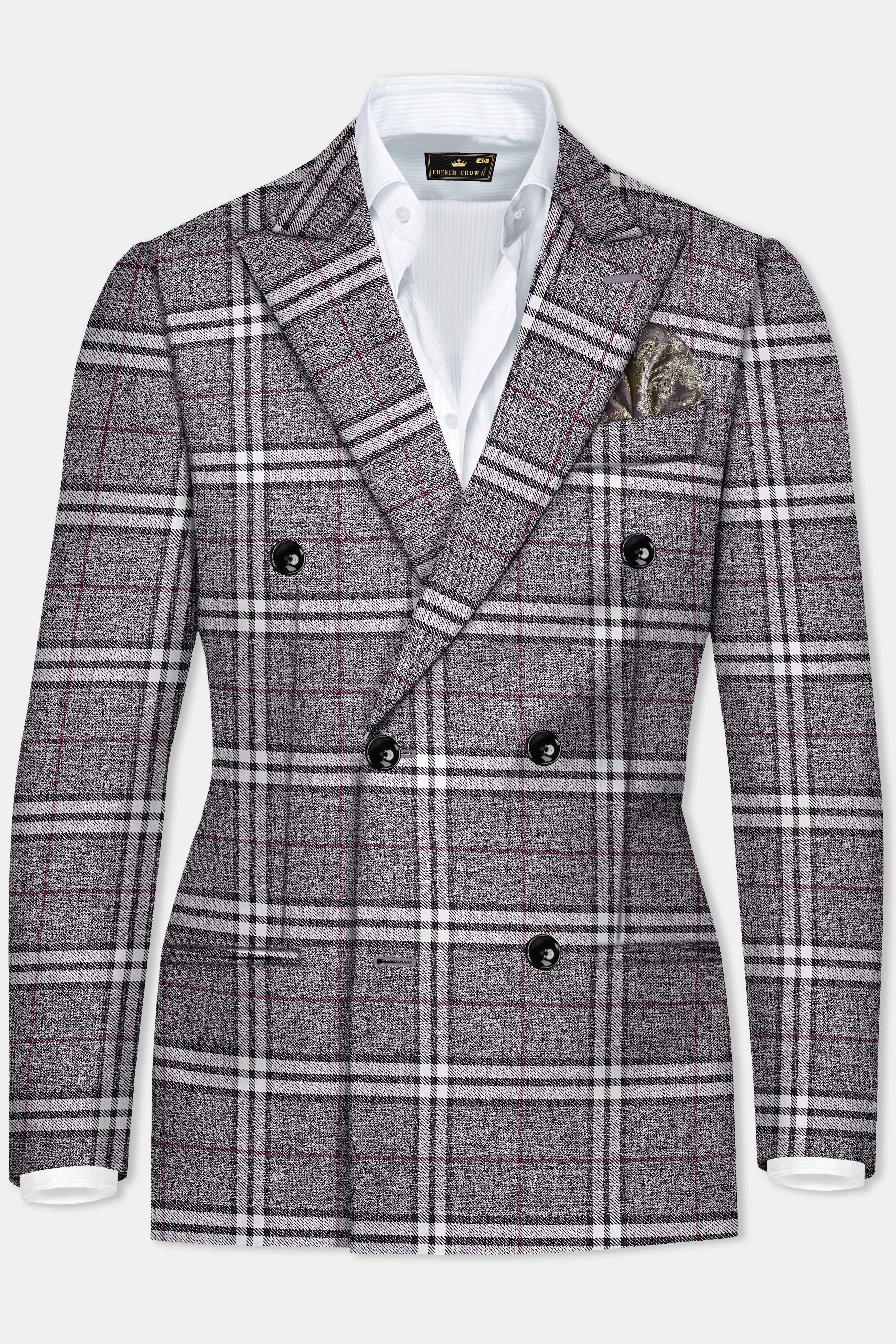 Granite Gray Plaid Wool Rich Double Breasted Blazer