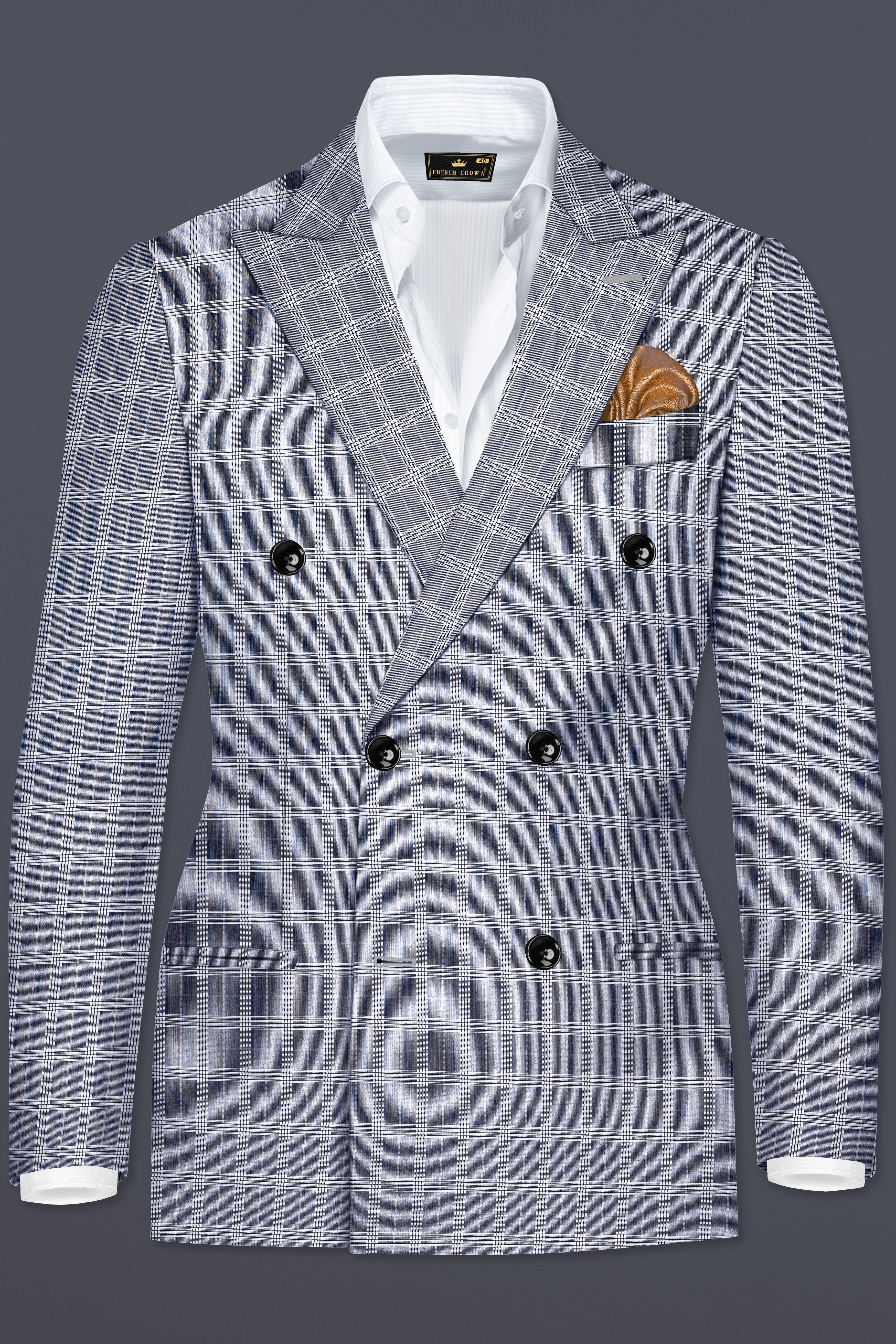 Mountain Mist Blue Plaid Wool Rich Double Breasted Blazer