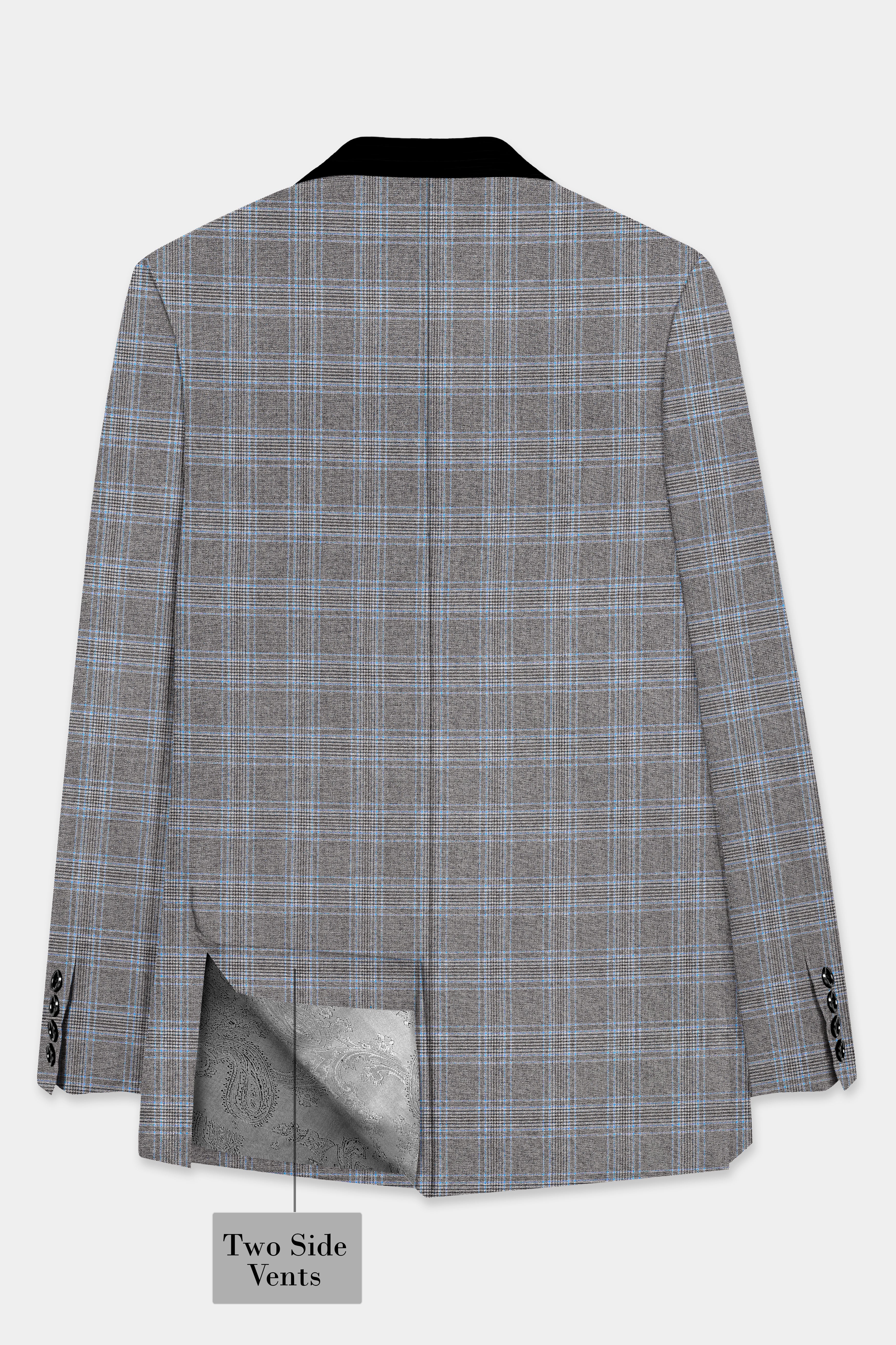 Smokey Gray And Spindle Blue Plaid Wool Rich Tuxedo Blazer